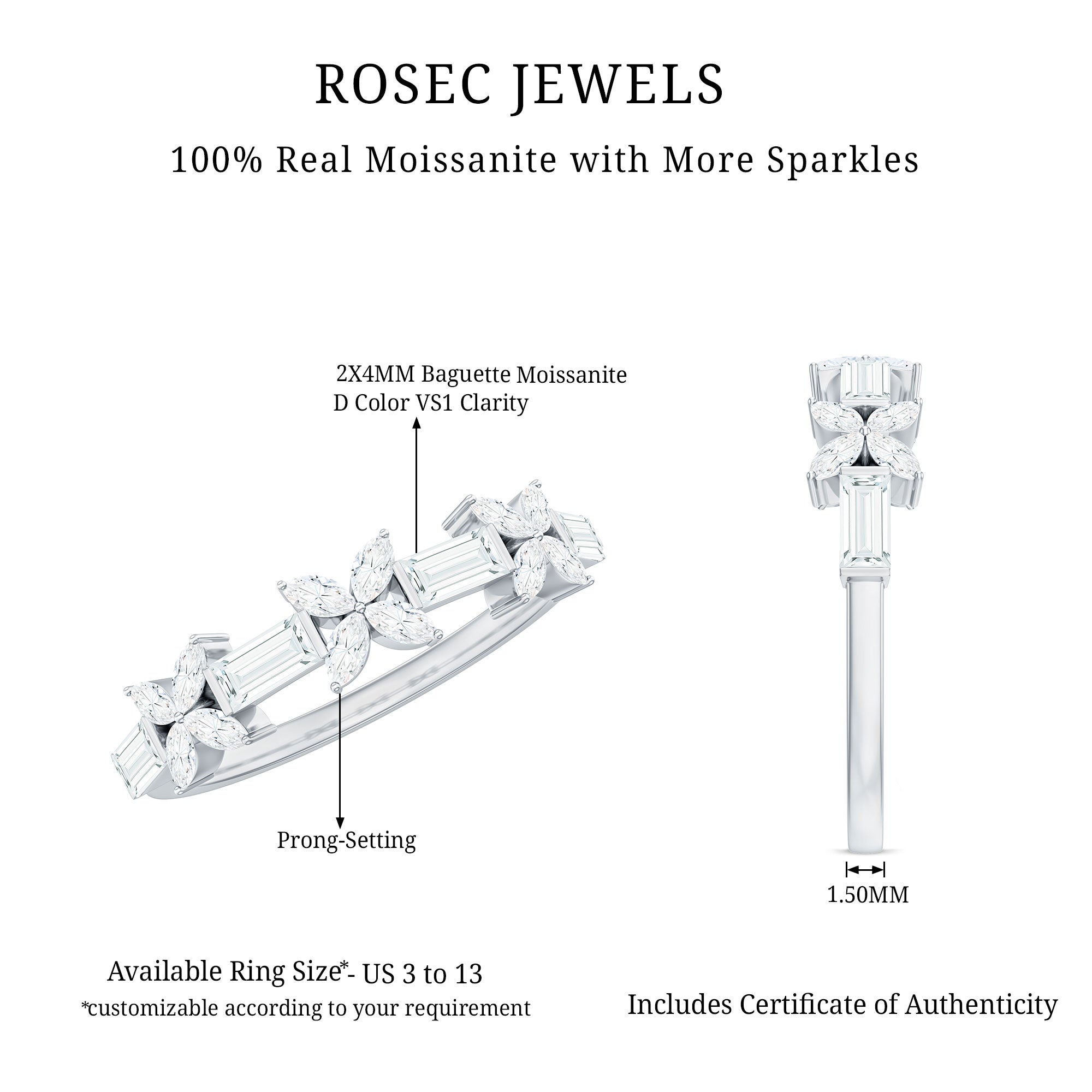 Rosec Jewels-Moissanite Flower Wedding Band Ring with Certificate