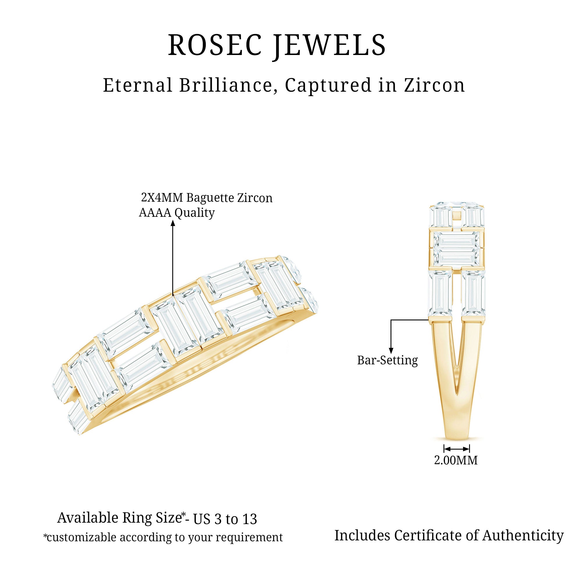 Baguette Cut Zirconia Half Eternity Wedding Band Ring AAAA - Rosec Jewels