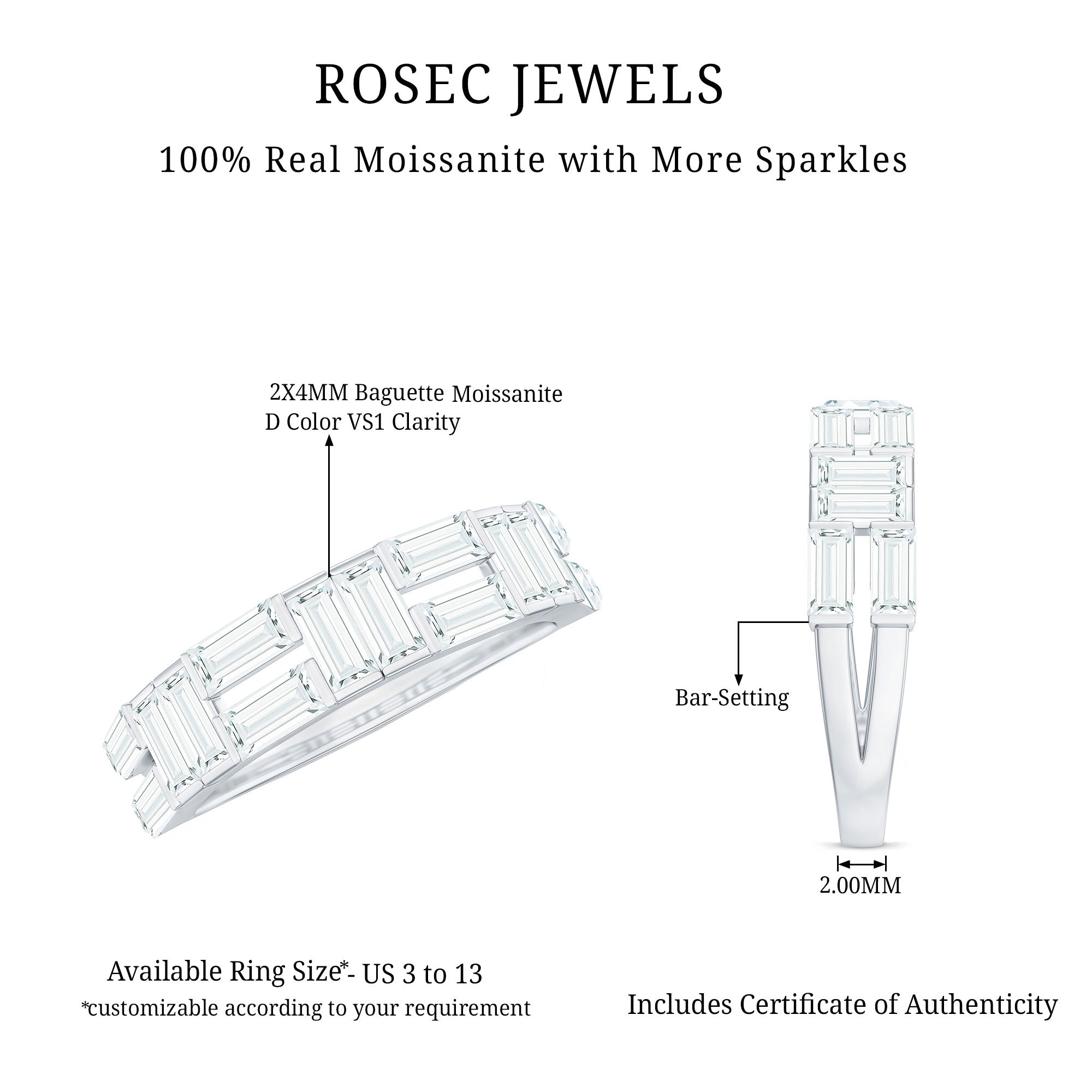 Bar Set Moissanite Baguette Wedding Band Ring D-VS1 - Rosec Jewels