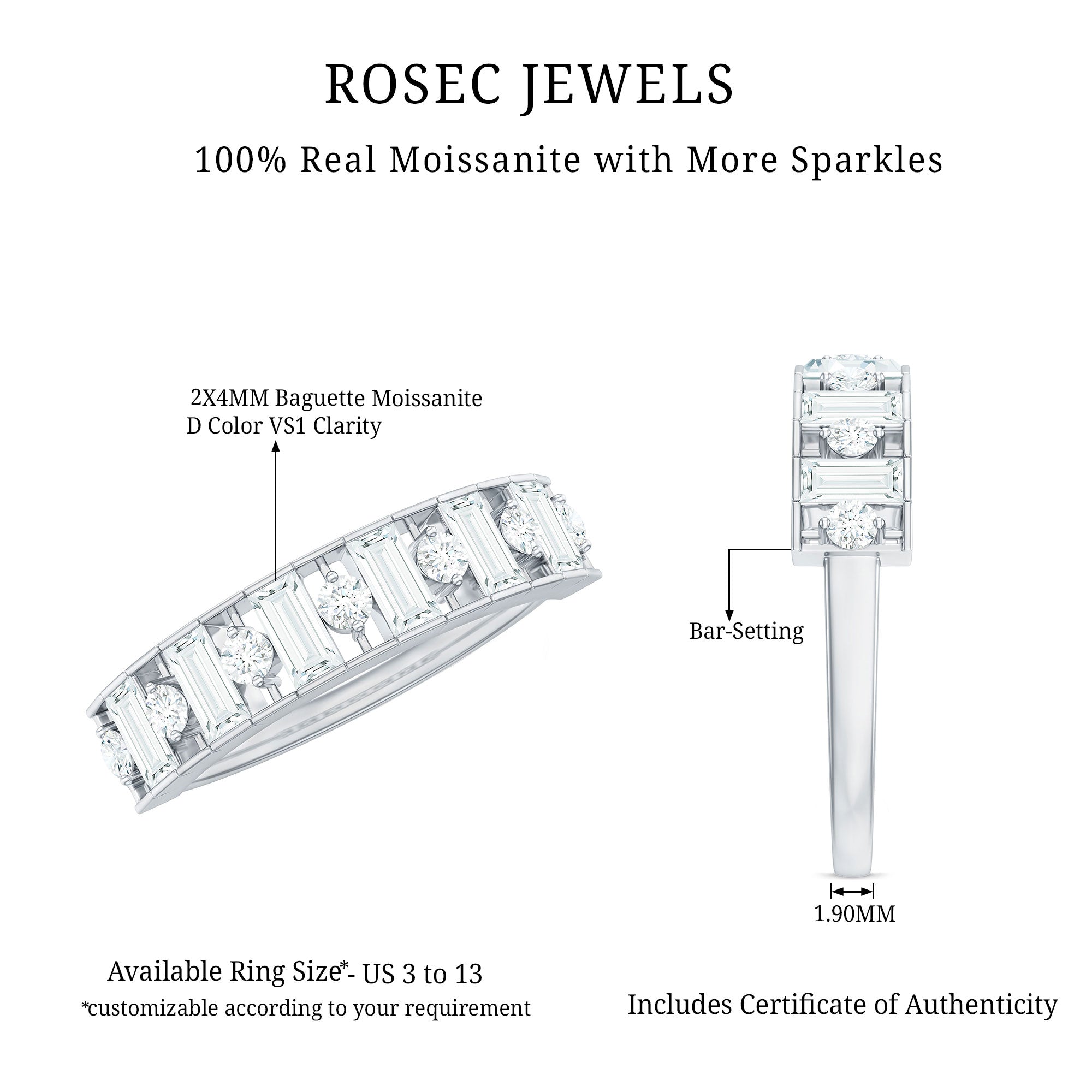Baguette and Round Cut Moissanite Stackable Eternity Band D-VS1 - Rosec Jewels