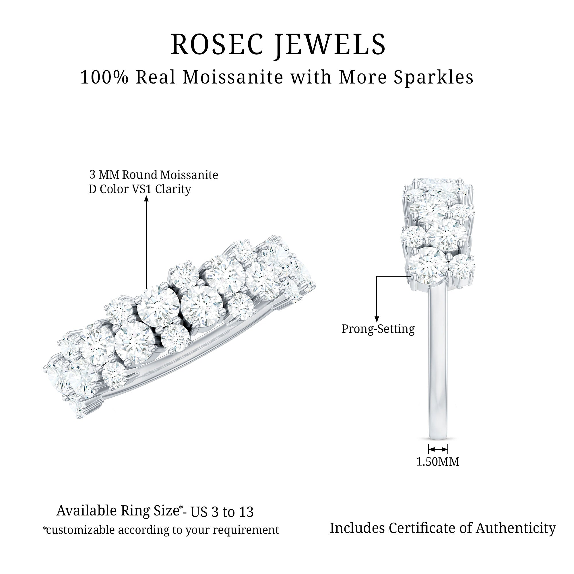 Cluster Moissanite Half Eternity Wedding Band For Her D-VS1 - Rosec Jewels