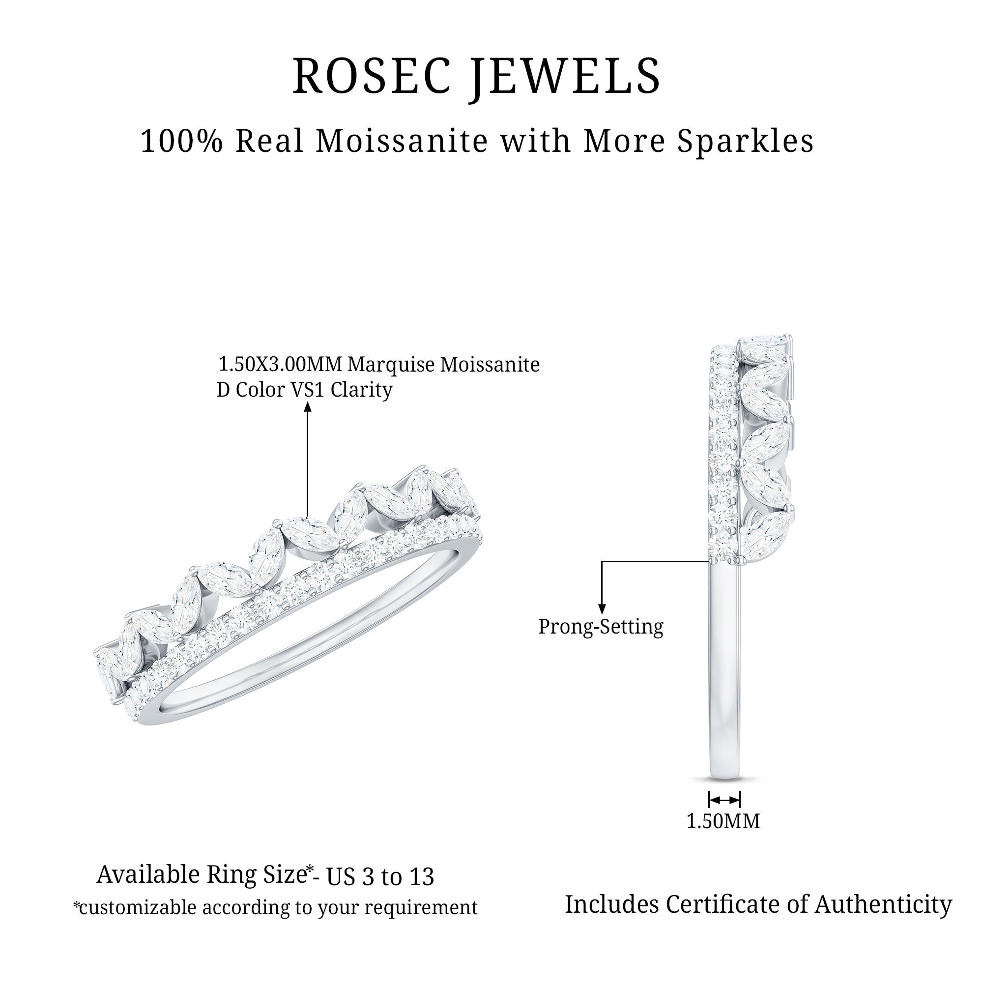 Certified Moissanite Half Eternity Wedding Band in Crown Style D-VS1 - Rosec Jewels