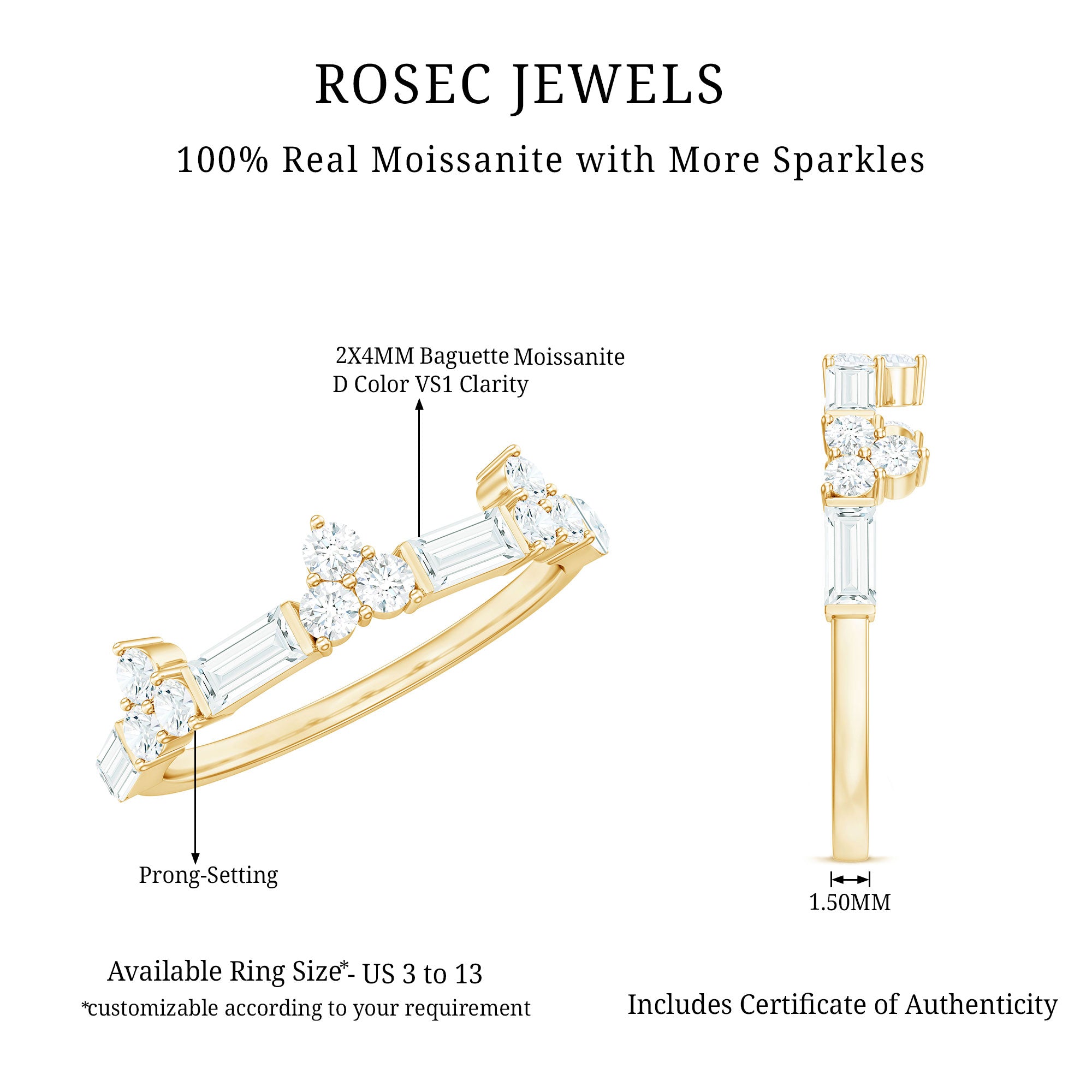 Certified Baguette and Round Moissanite Half Eternity Ring D-VS1 - Rosec Jewels