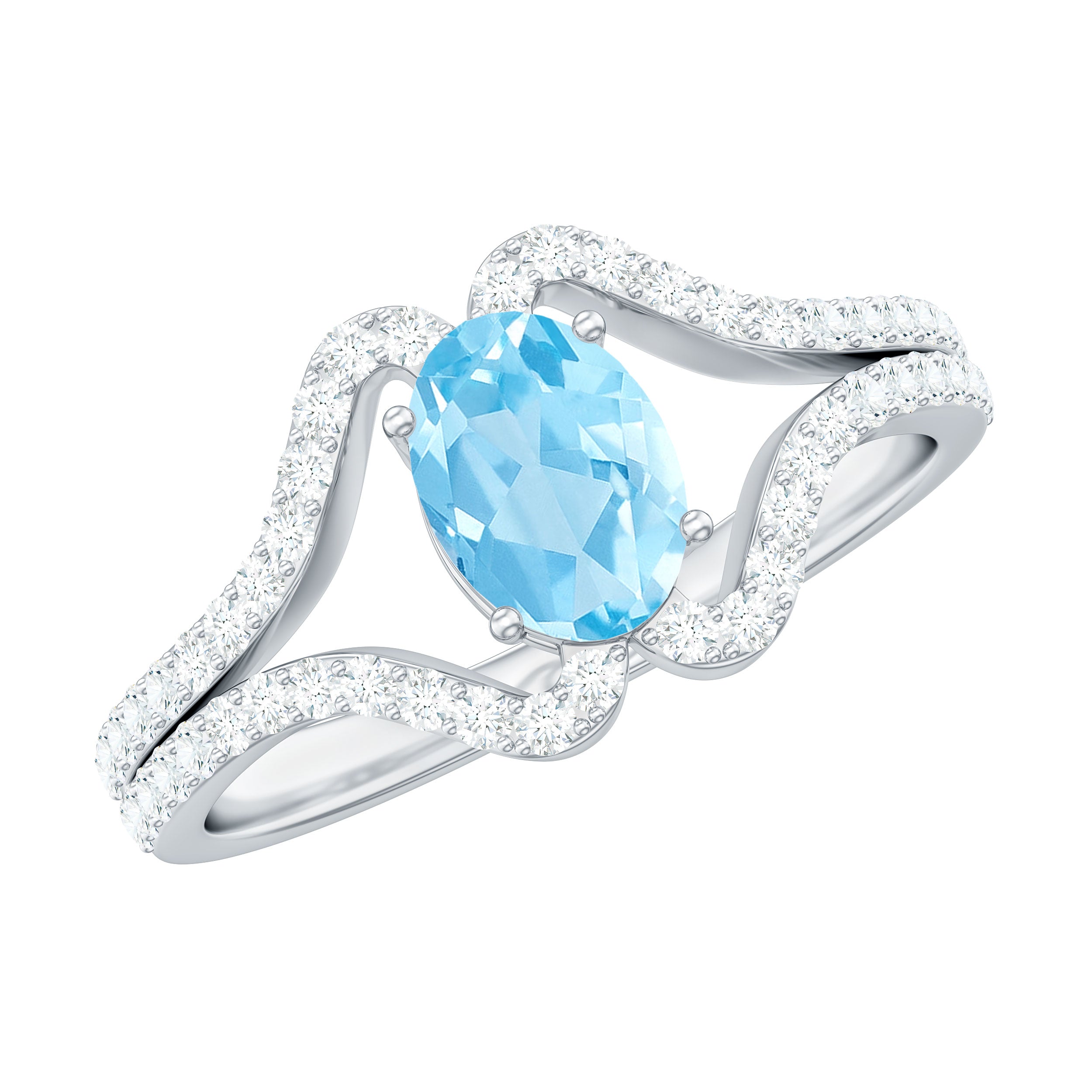 Designer Aquamarine Diamond Oval Engagement Ring with Split Shank