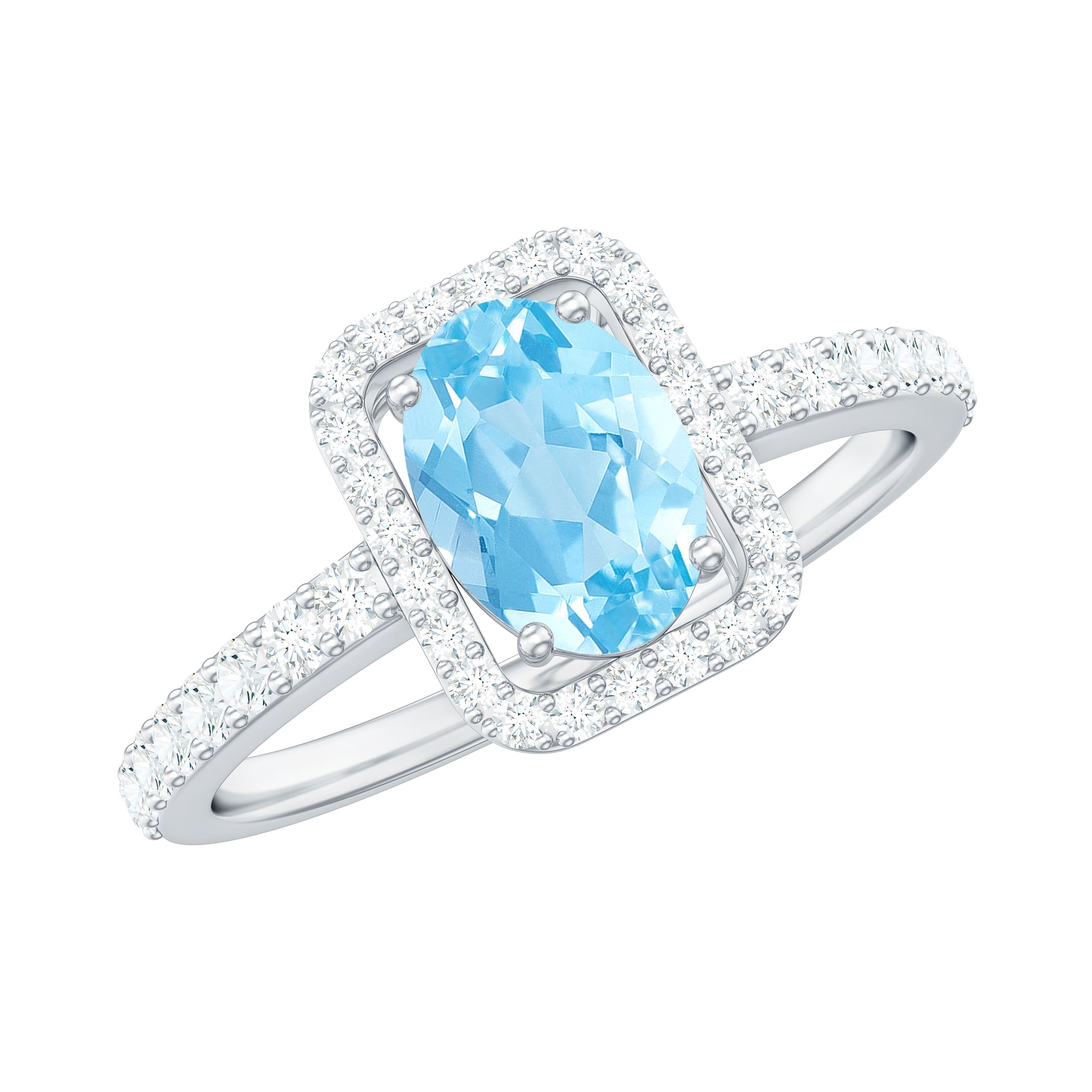 Certified Real Aquamarine Oval Engagement Ring with Diamond Halo