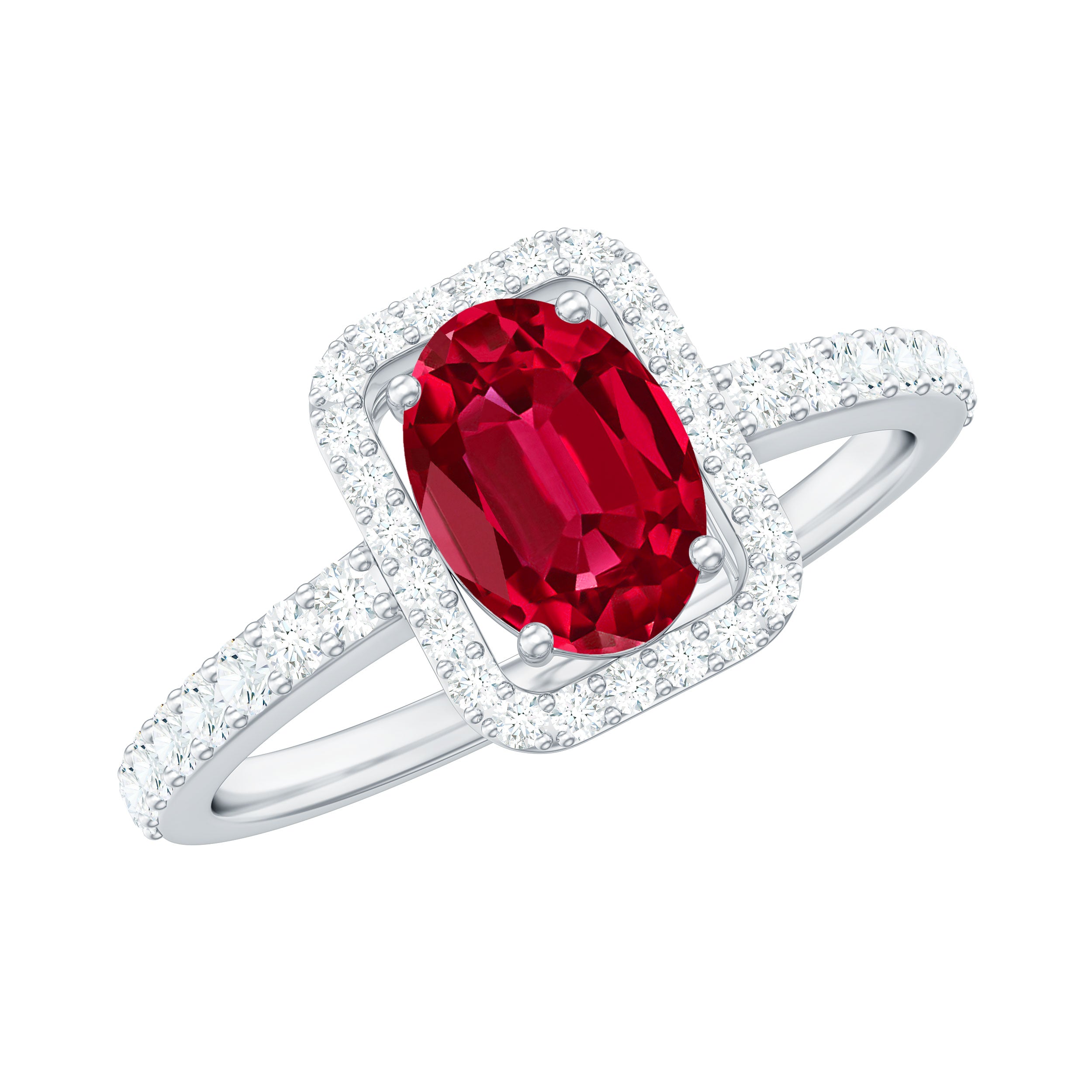 Oval Cut Lab Created Ruby and Diamond Halo Engagement Ring