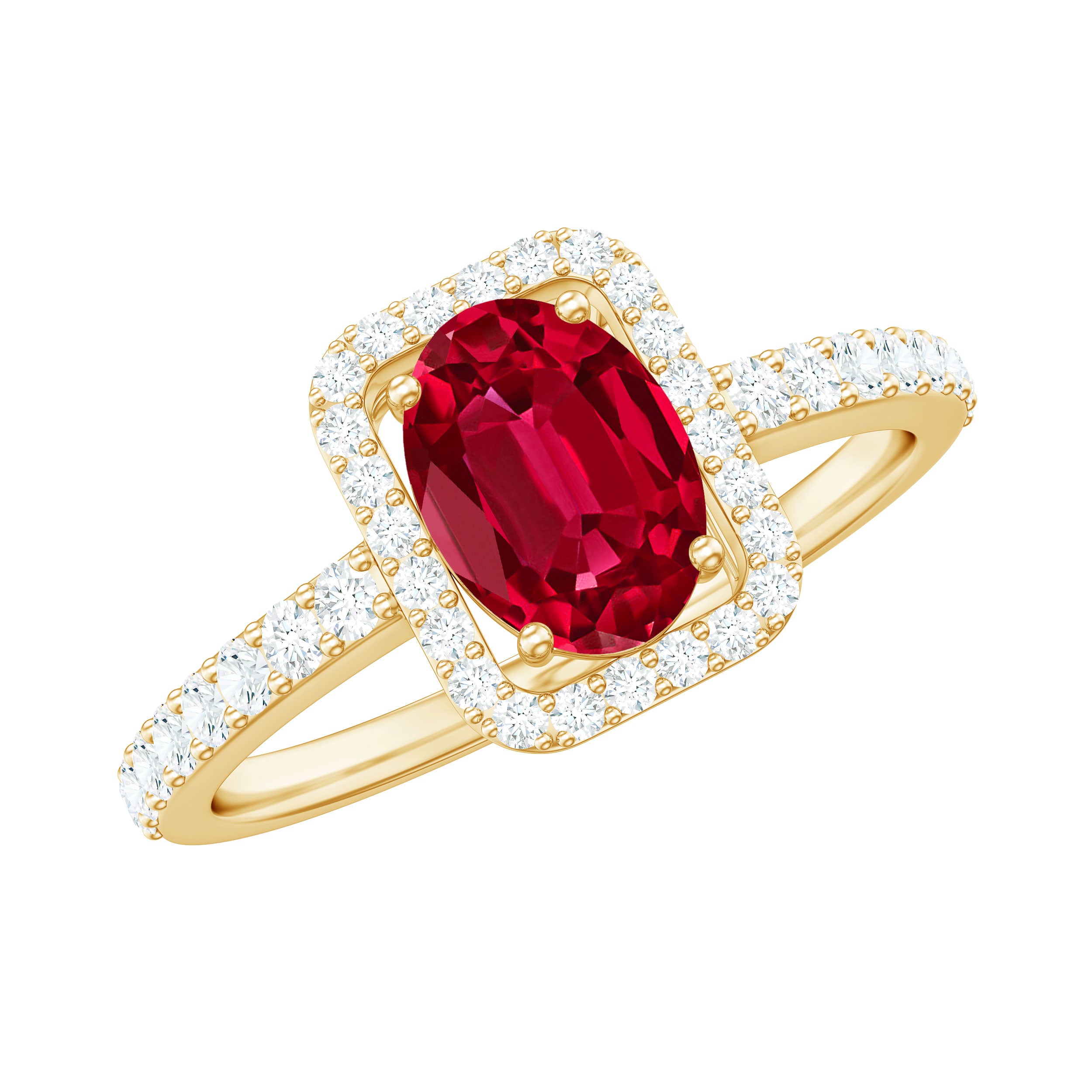 Oval Cut Lab Created Ruby and Diamond Halo Engagement Ring AAAA - Rosec Jewels