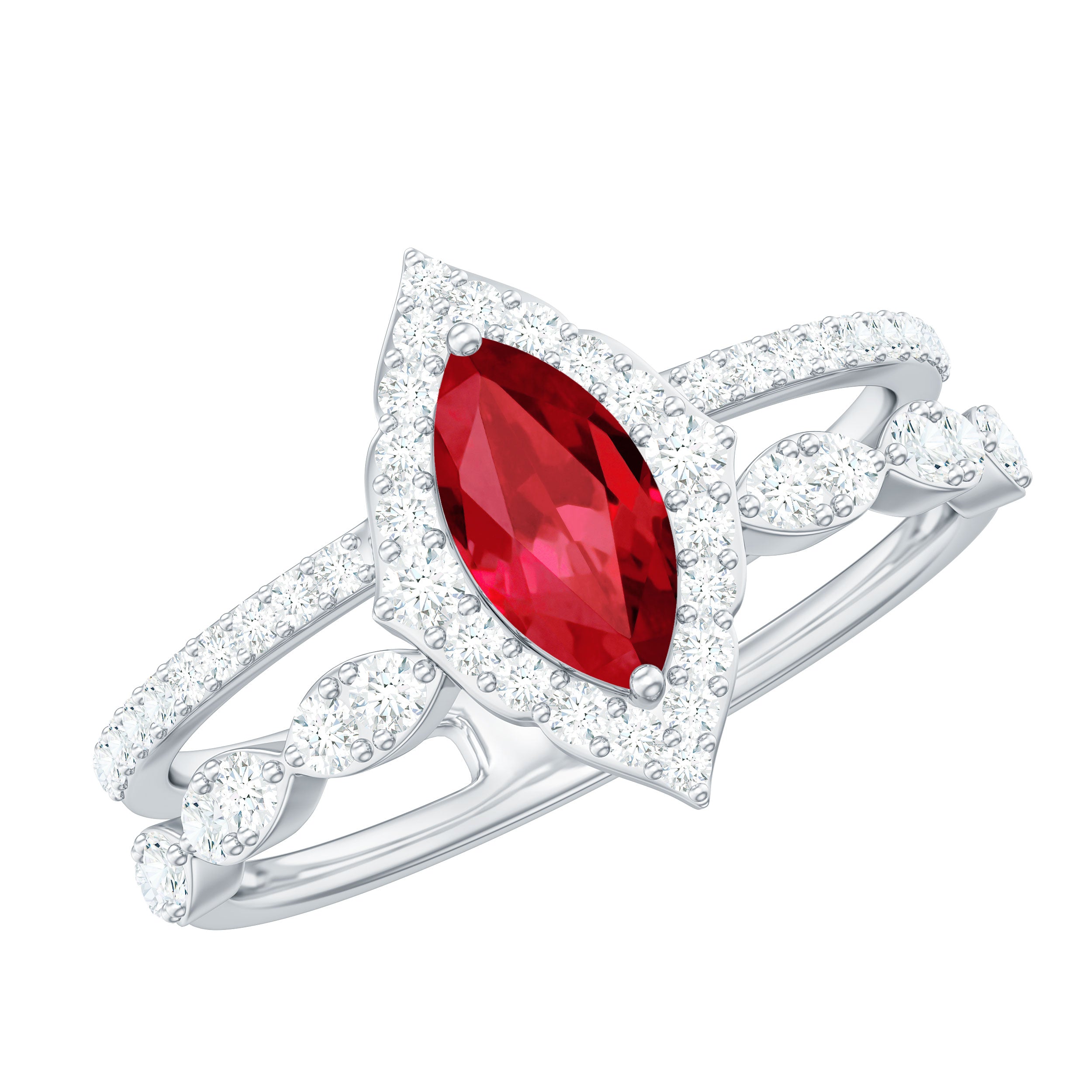 Rosec Jewels-Vintage Inspired Lab Ruby and Diamond Double Band Engagement Ring