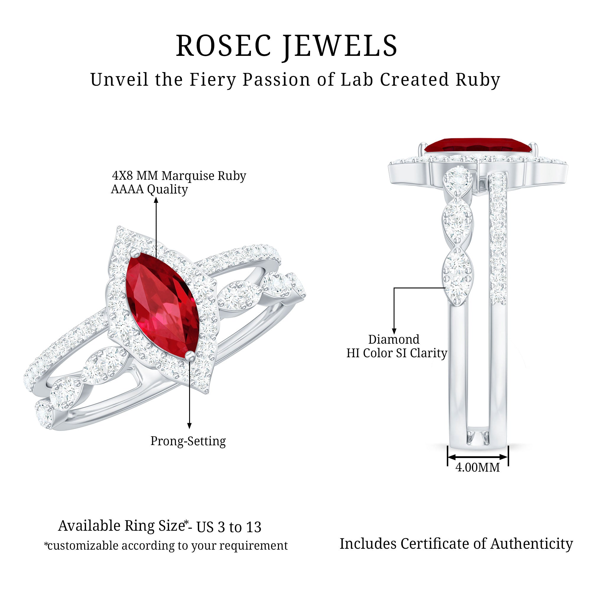 Rosec Jewels-Vintage Inspired Lab Ruby and Diamond Double Band Engagement Ring