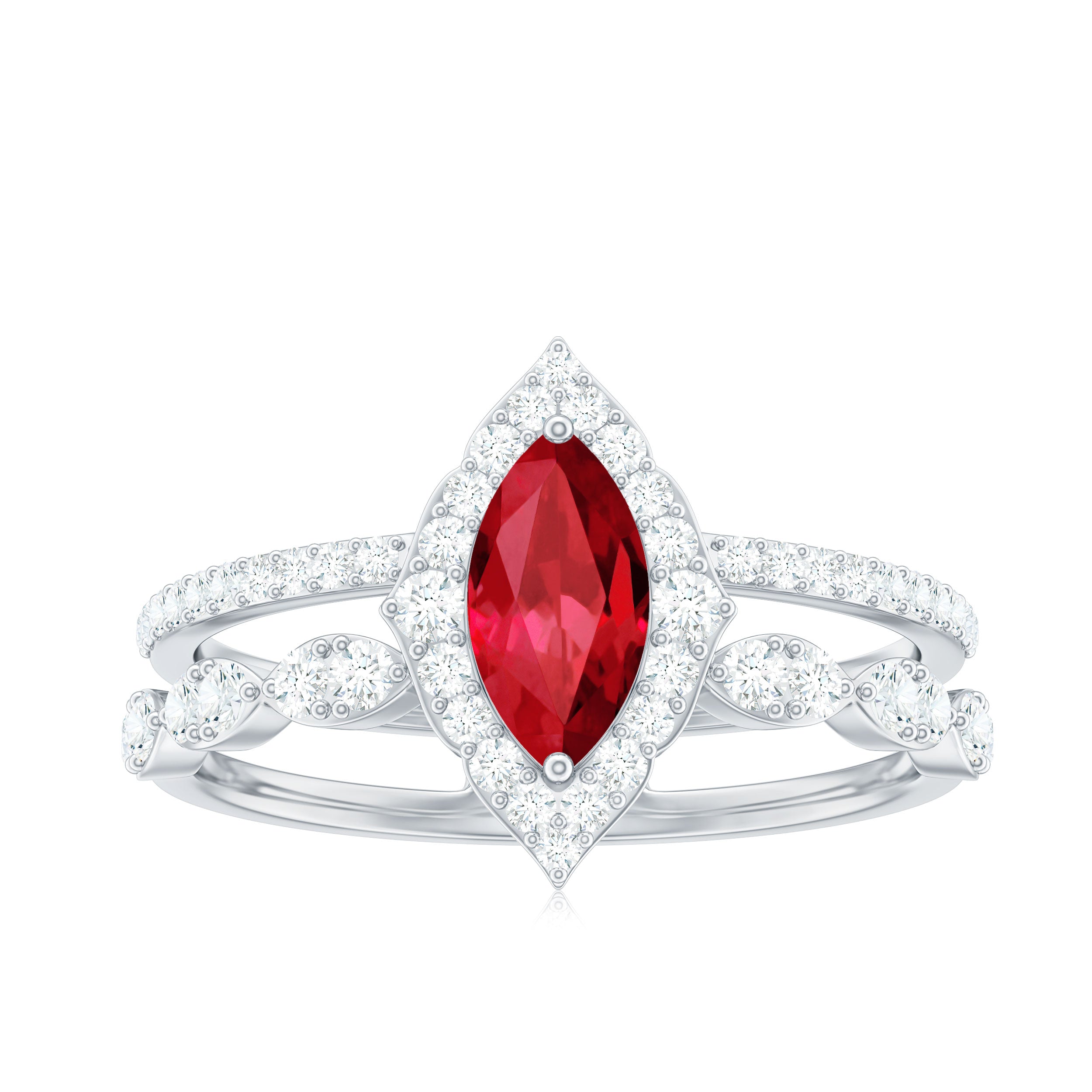Rosec Jewels-Vintage Inspired Lab Ruby and Diamond Double Band Engagement Ring