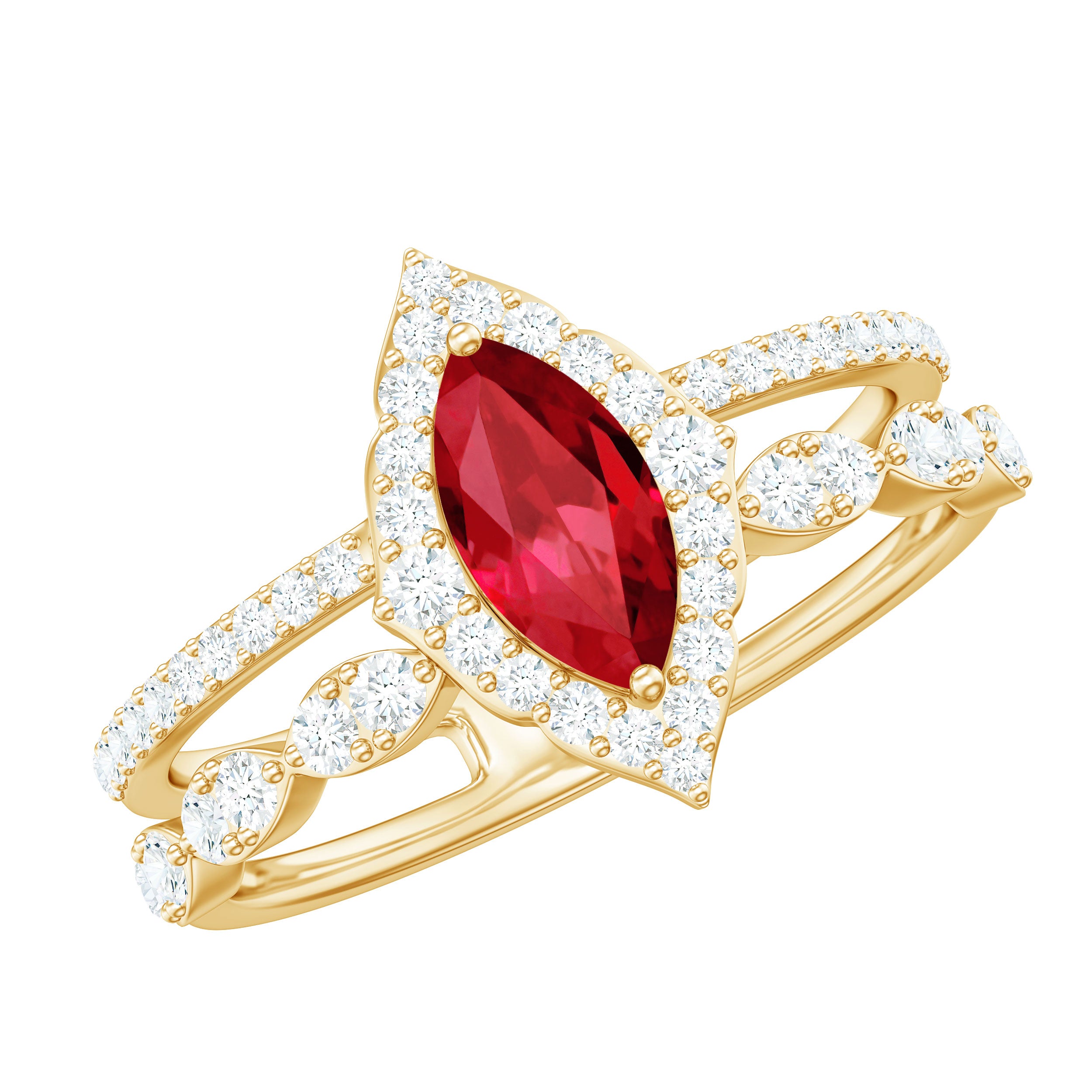 Rosec Jewels-Vintage Inspired Lab Ruby and Diamond Double Band Engagement Ring