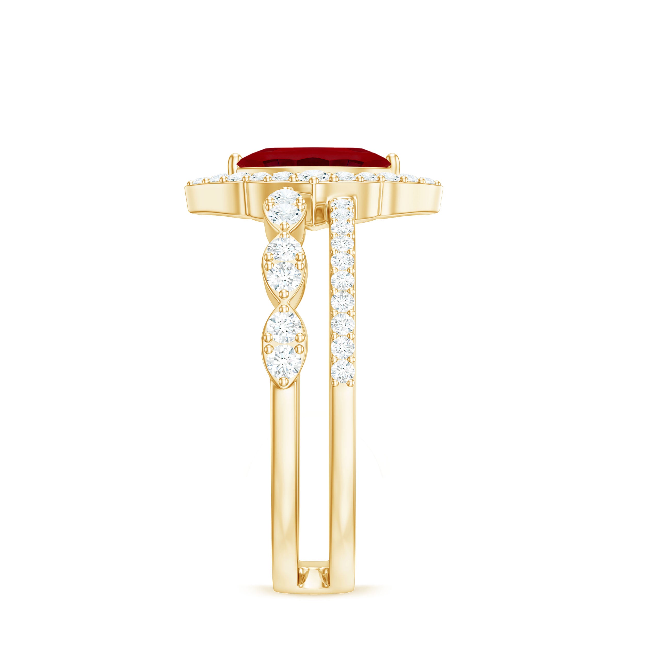 Rosec Jewels-Vintage Inspired Lab Ruby and Diamond Double Band Engagement Ring