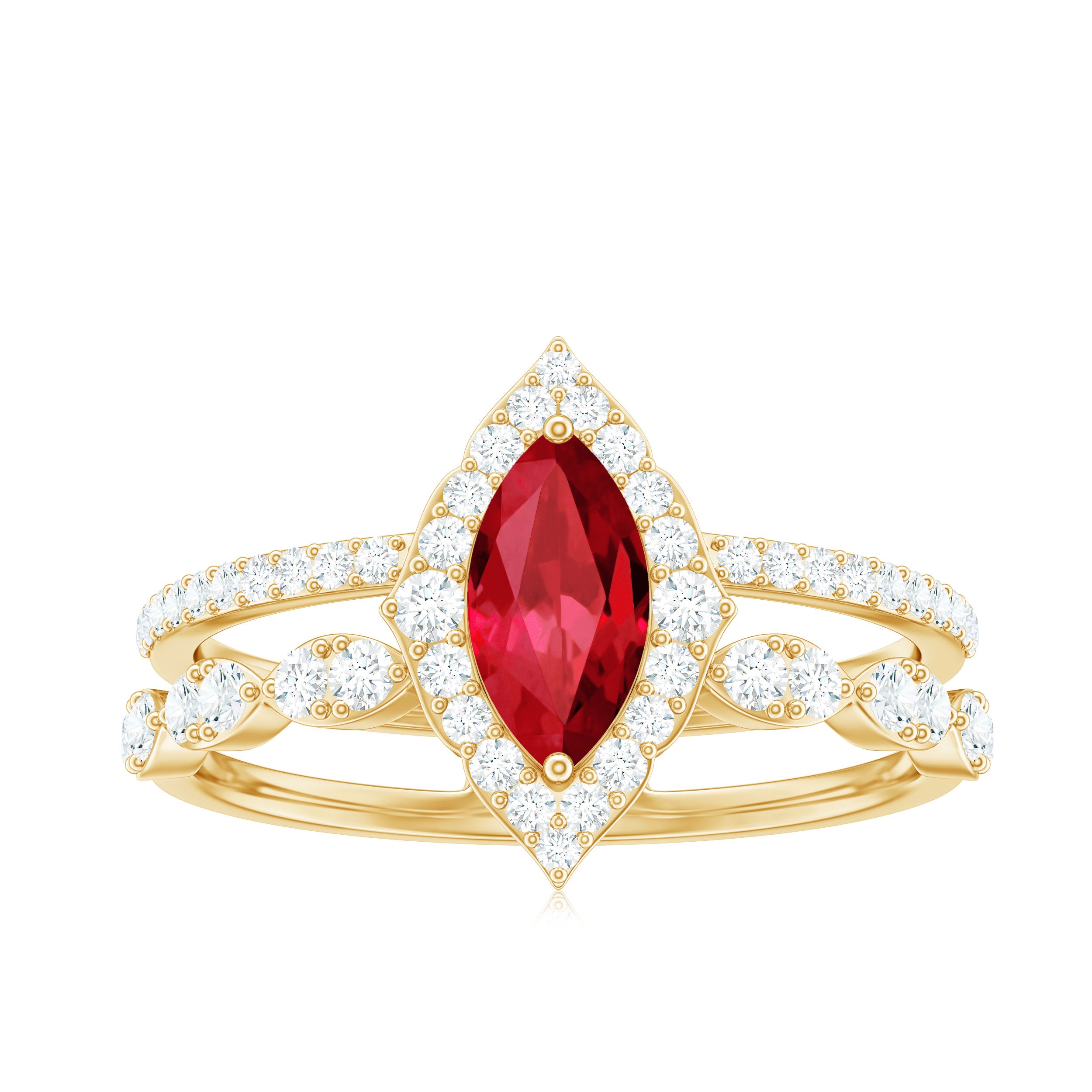 Rosec Jewels-Vintage Inspired Lab Ruby and Diamond Double Band Engagement Ring