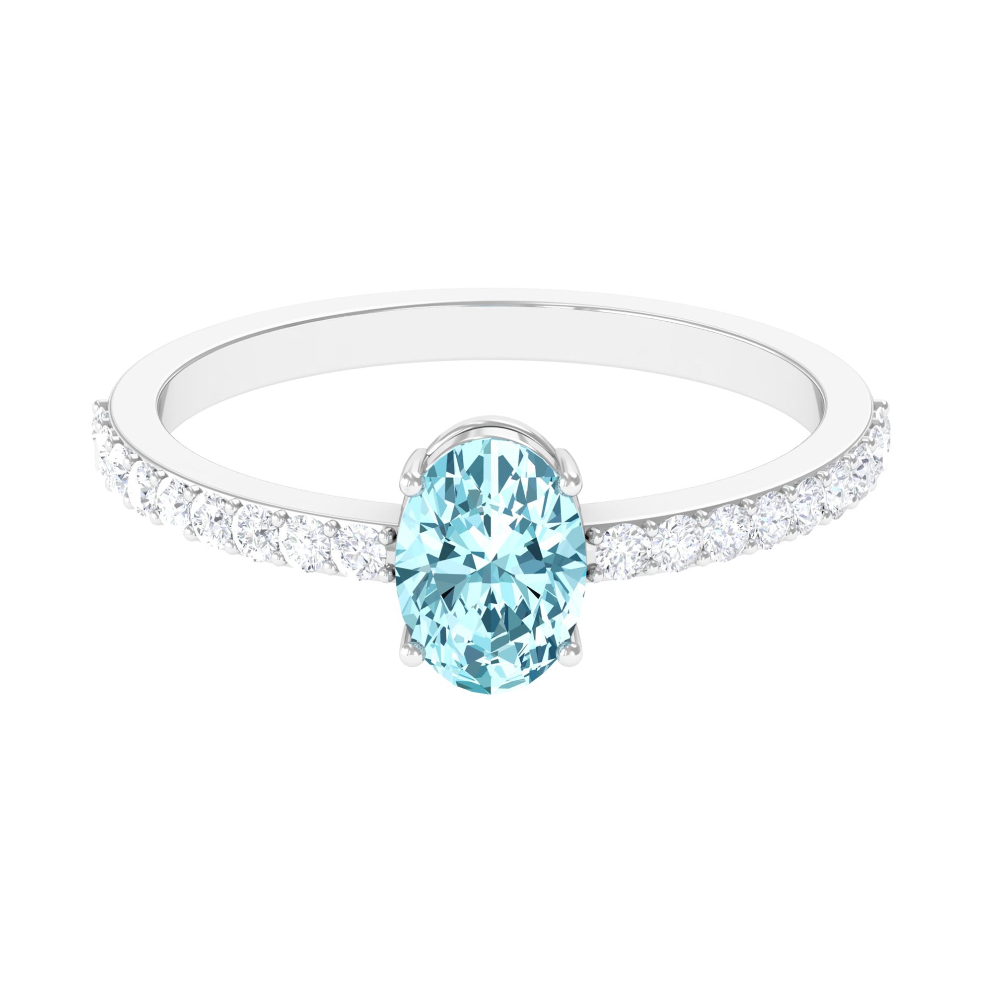 Genuine 6X8mm Solitaire Aquamarine Oval Engagement Ring with Diamond