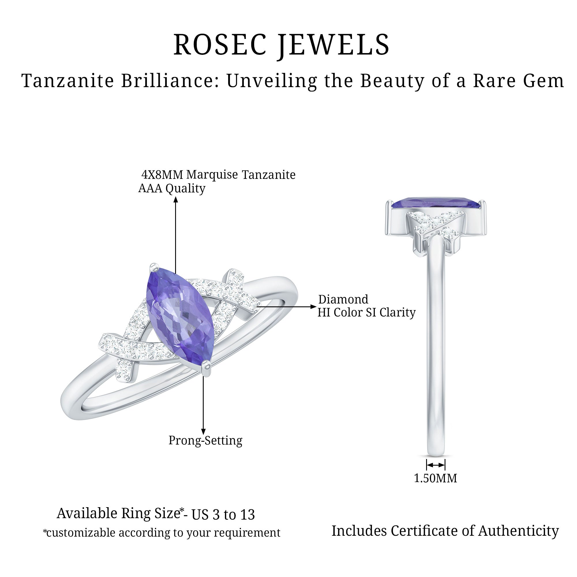Natural Marquise Tanzanite Diamond Promise Ring for Engagement AAA - Rosec Jewels