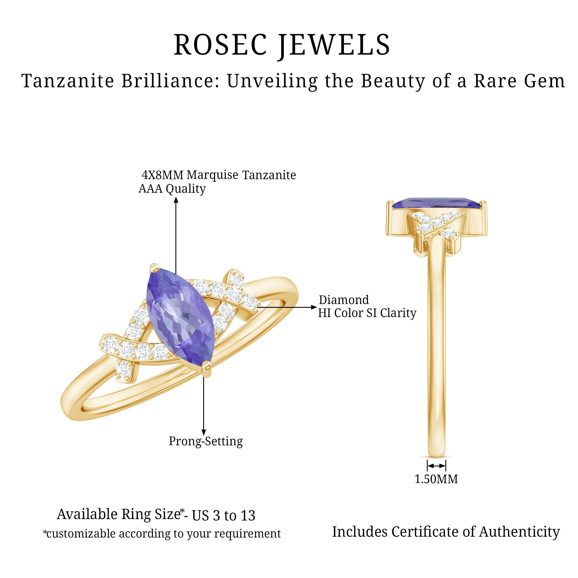 Natural Marquise Tanzanite Diamond Promise Ring for Engagement AAA - Rosec Jewels