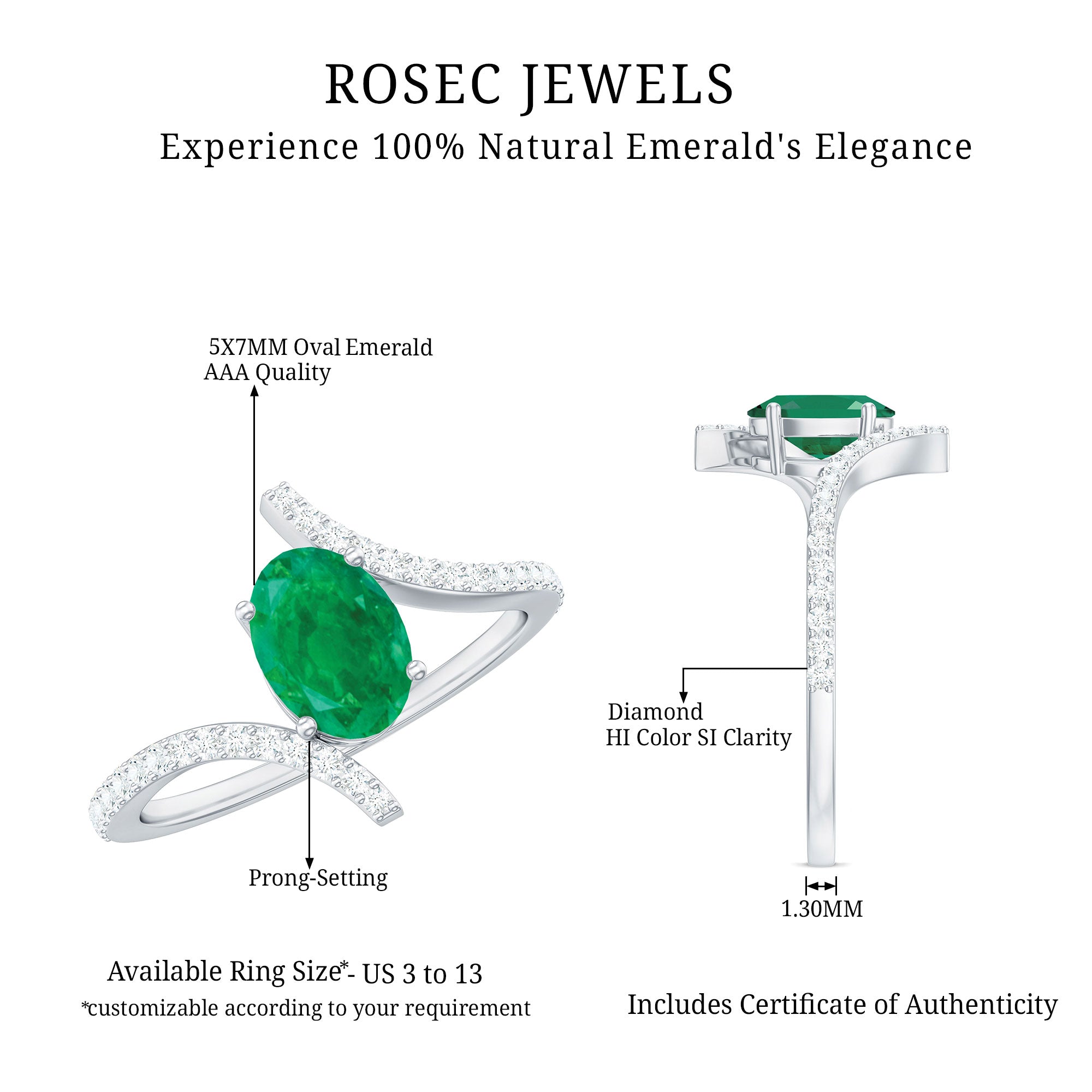 Oval Shaped Emerald Bypass Engagement Ring with Diamonds AAA - Rosec Jewels