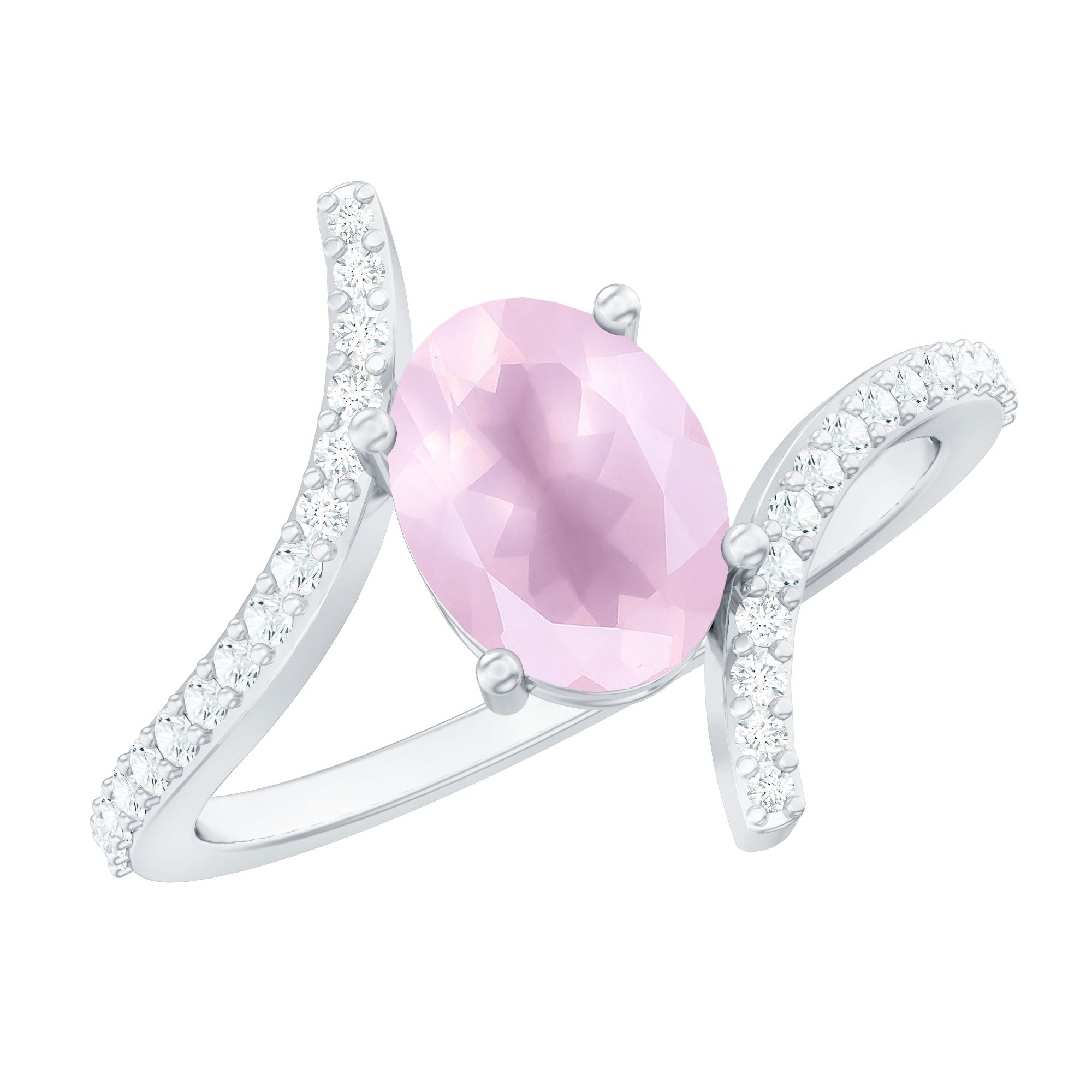 Oval Rose Quartz Solitaire Bypass Engagement Ring with Diamond