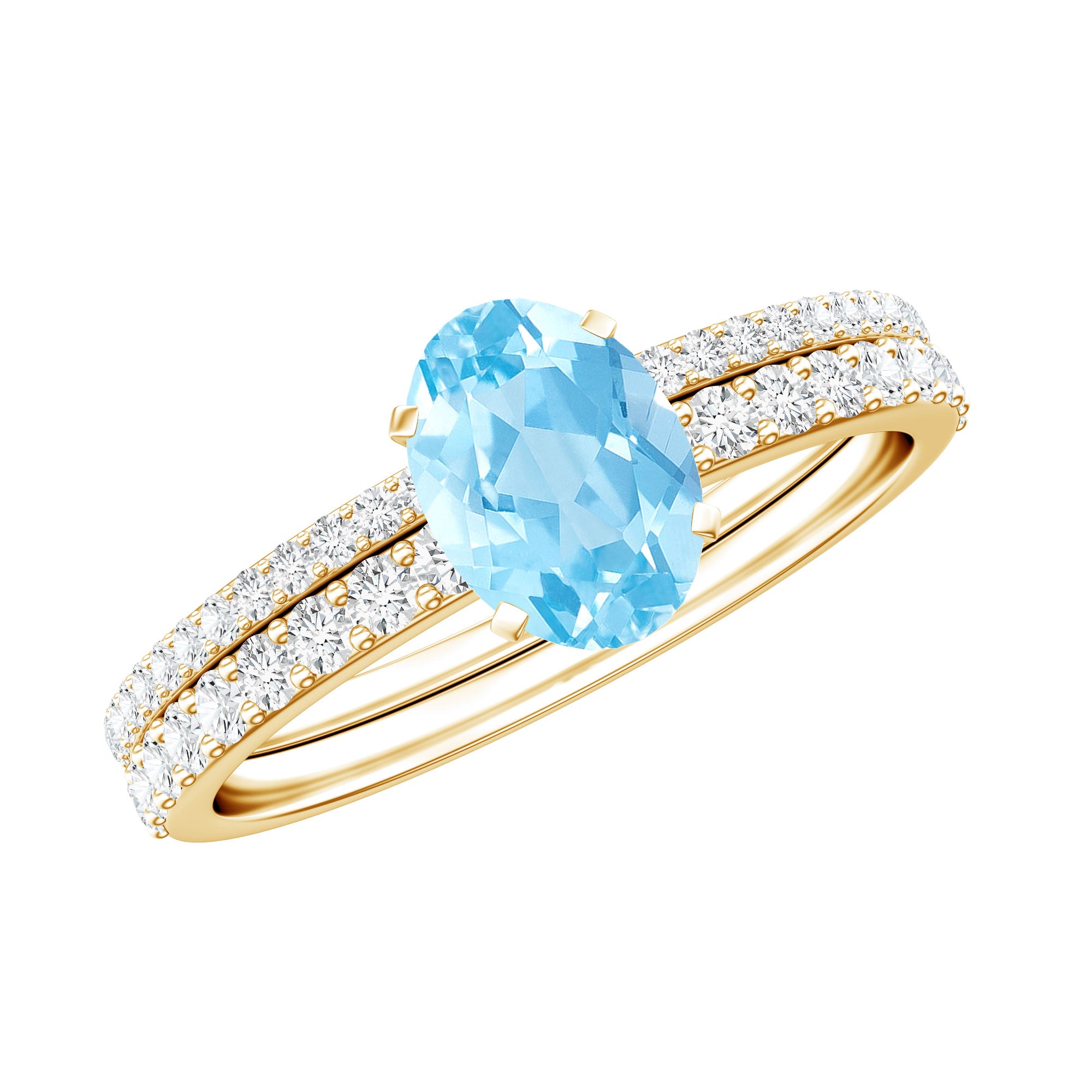 Natural Aquamarine Diamond Oval Engagement Ring with Wedding Band AAA - Rosec Jewels