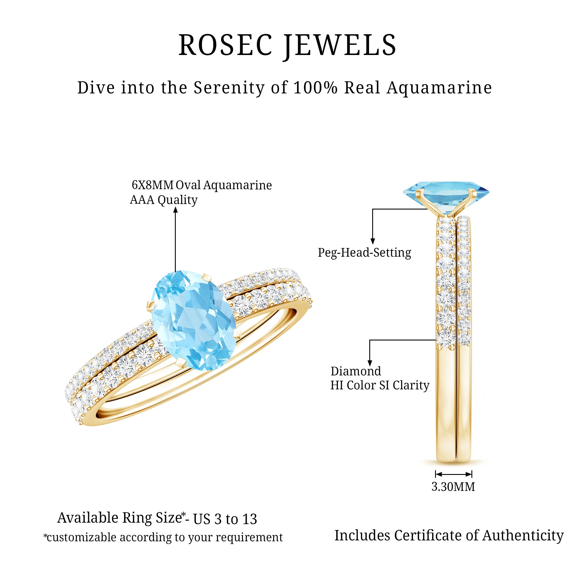 Natural Aquamarine Diamond Oval Engagement Ring with Wedding Band AAA - Rosec Jewels