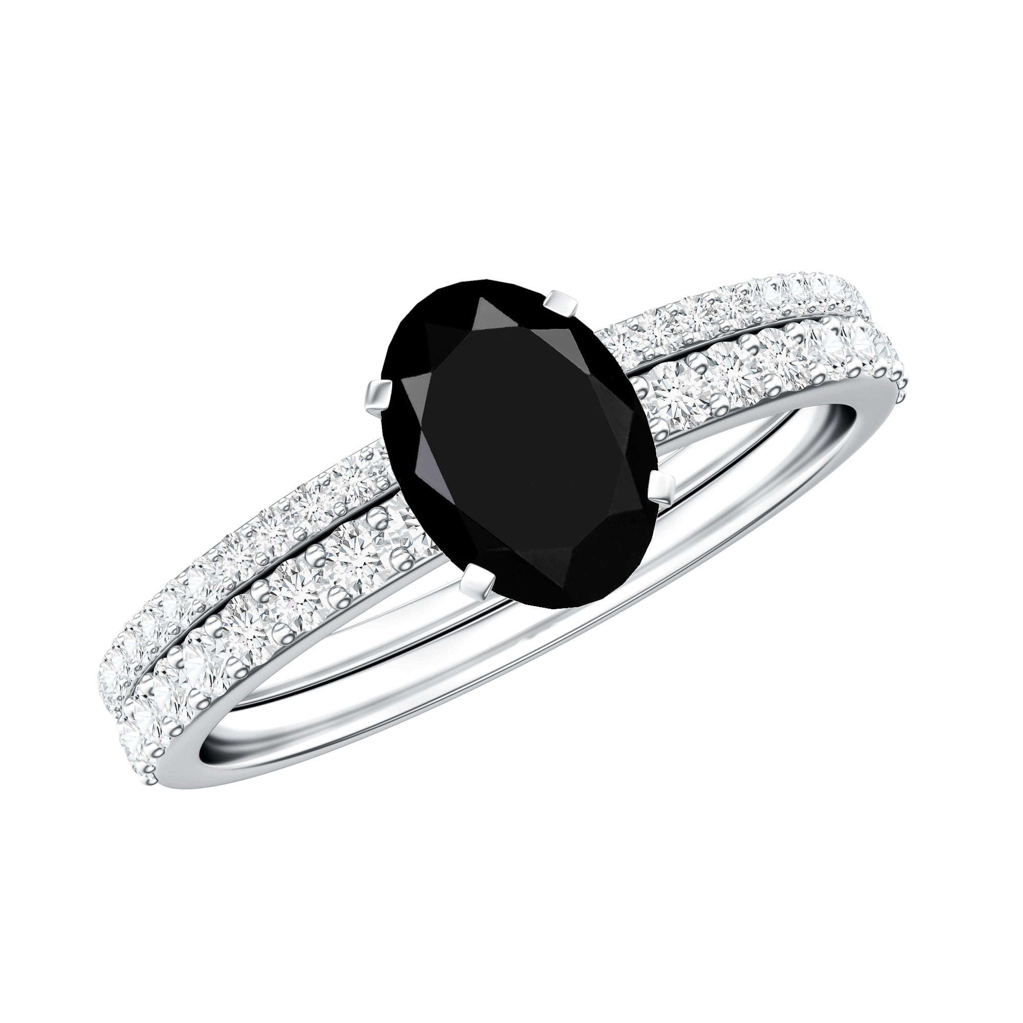 6X8mm Oval Cut Black Onyx Solitaire Rings Set with Diamond Wedding Band AAA - Rosec Jewels