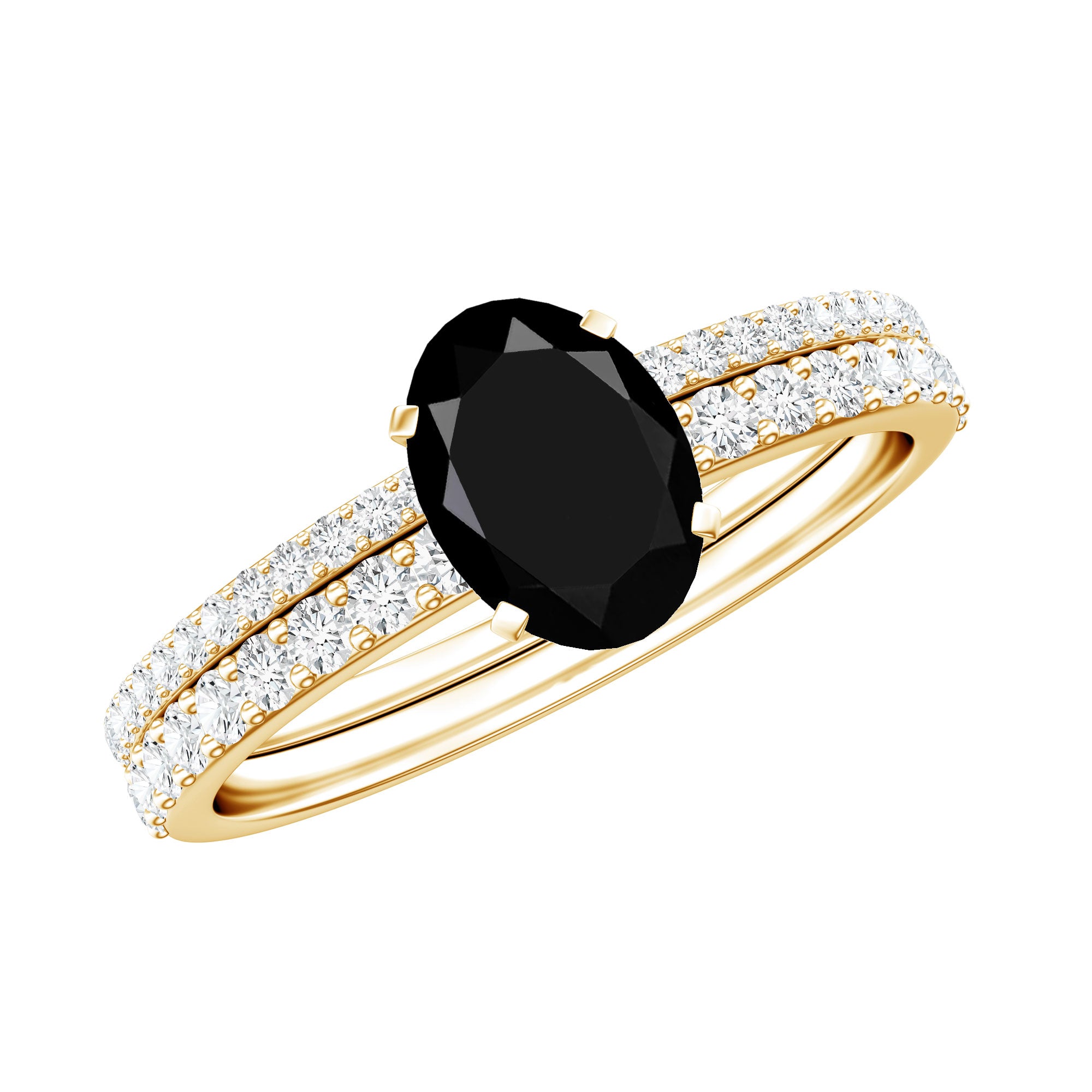6X8mm Oval Cut Black Onyx Solitaire Rings Set with Diamond Wedding Band AAA - Rosec Jewels