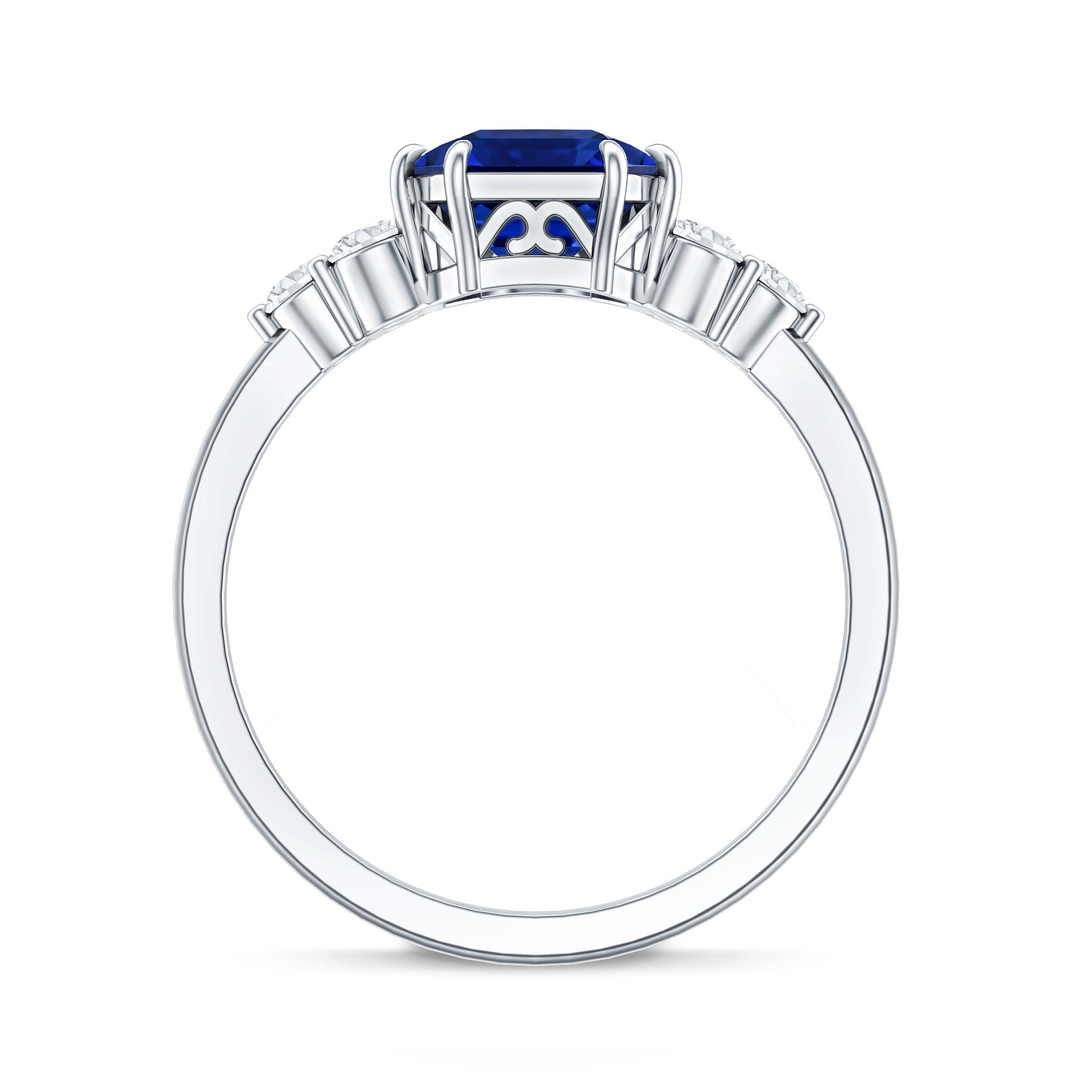 Certified 4.8 Carat Asscher Cut Lab Grown Blue Sapphire Engagement Ring with Diamond Trio AAAA - Rosec Jewels