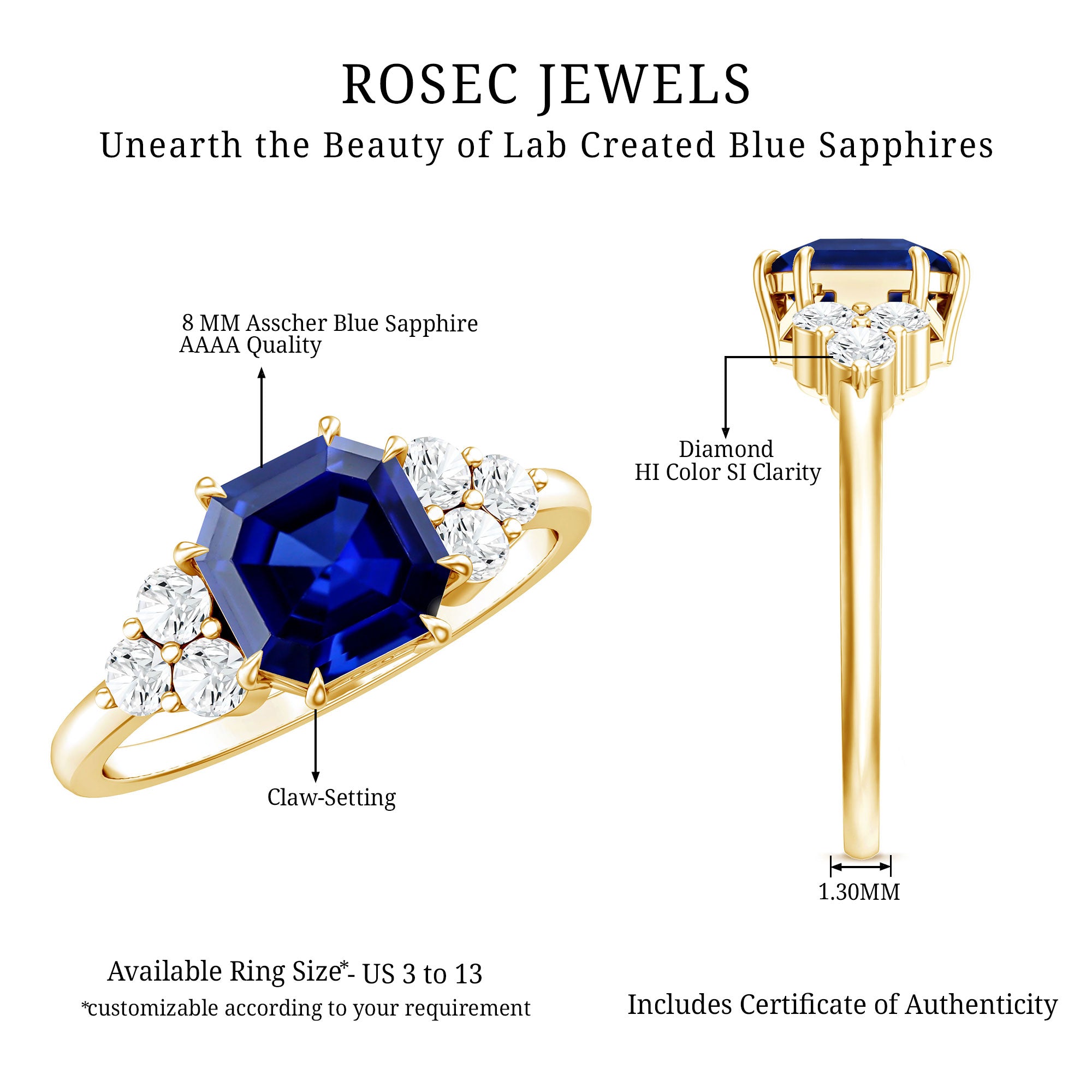 Certified 4.8 Carat Asscher Cut Lab Grown Blue Sapphire Engagement Ring with Diamond Trio AAAA - Rosec Jewels