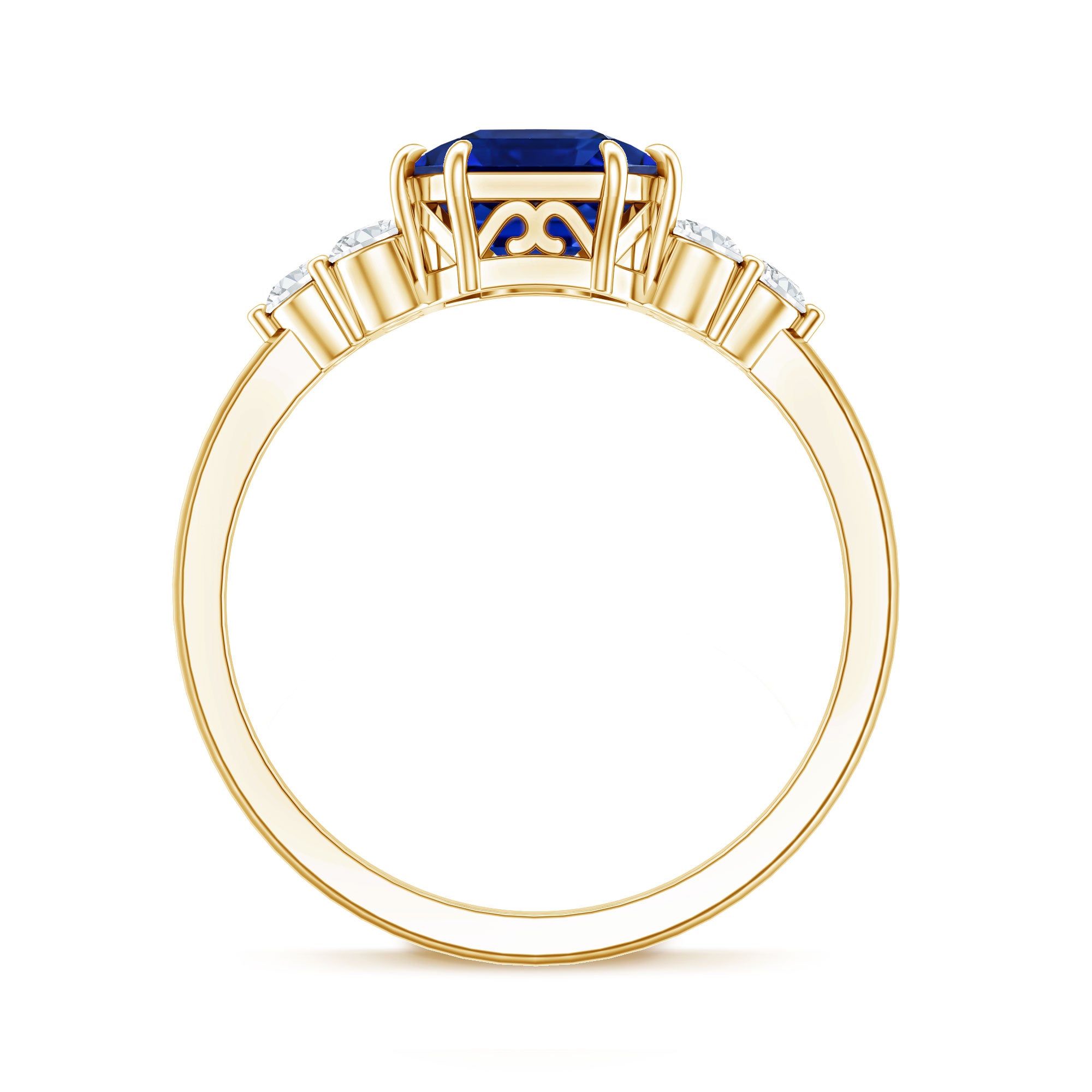 Certified 4.8 Carat Asscher Cut Lab Grown Blue Sapphire Engagement Ring with Diamond Trio AAAA - Rosec Jewels