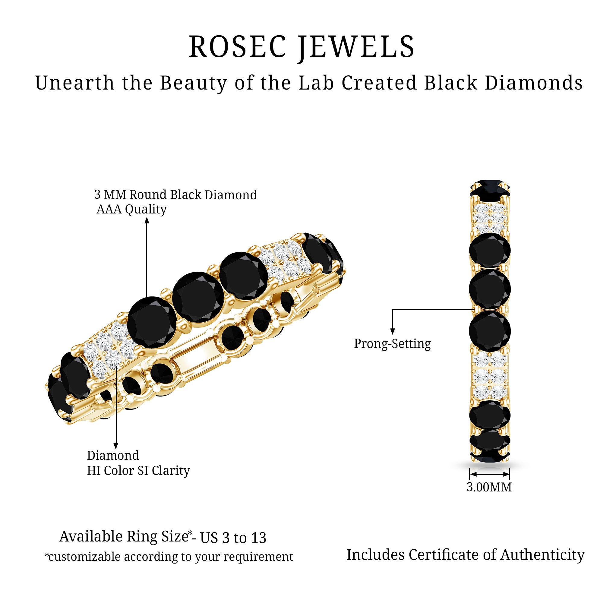 Certified Lab Grown Black and White Diamond Wedding Eternity Ring AAAA ( Synthetic ) - Rosec Jewels