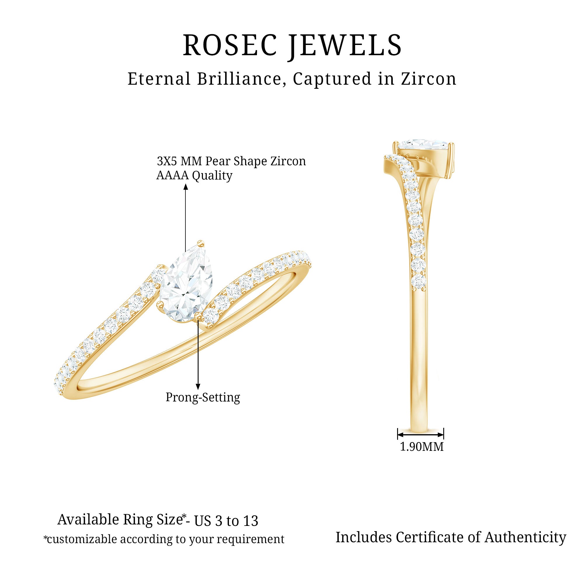 Tilted Pear Shape Simulated Diamond Bypass Promise Ring AAAA - Rosec Jewels