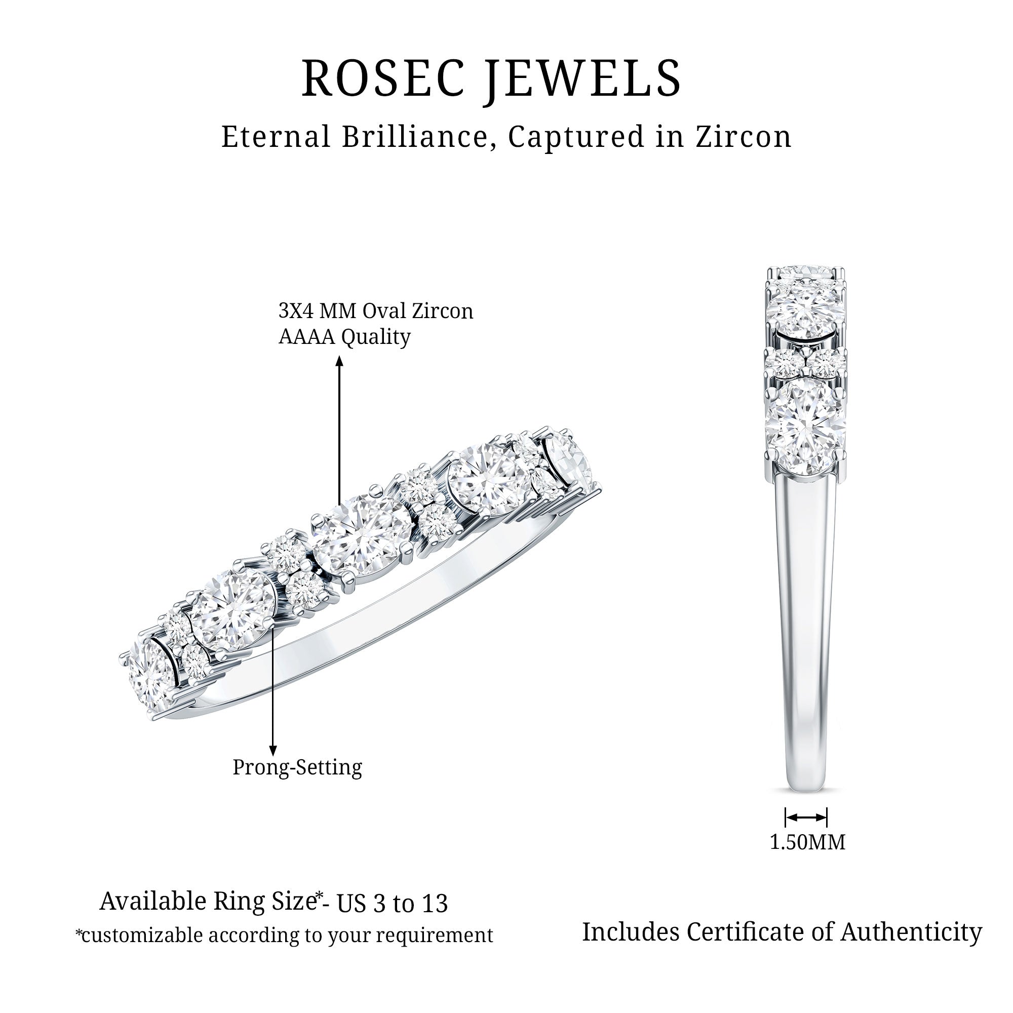 Oval and Round Cubic Zirconia Half Eternity Wedding Band AAAA - Rosec Jewels