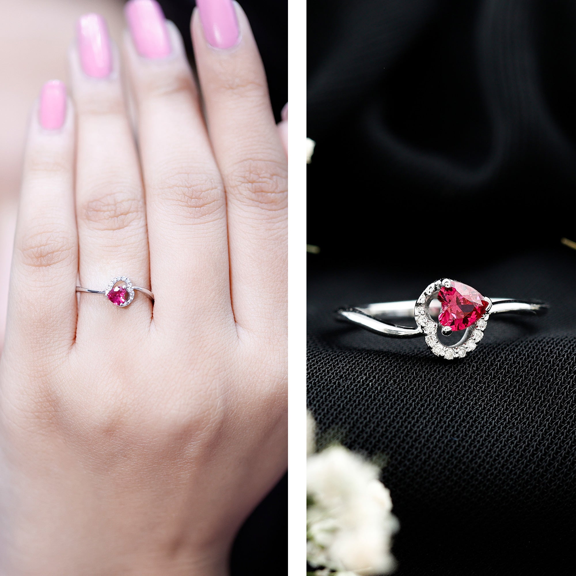 Heart Shape Lab Grown Ruby and Diamond Twisted Promise Ring AAAA - Rosec Jewels