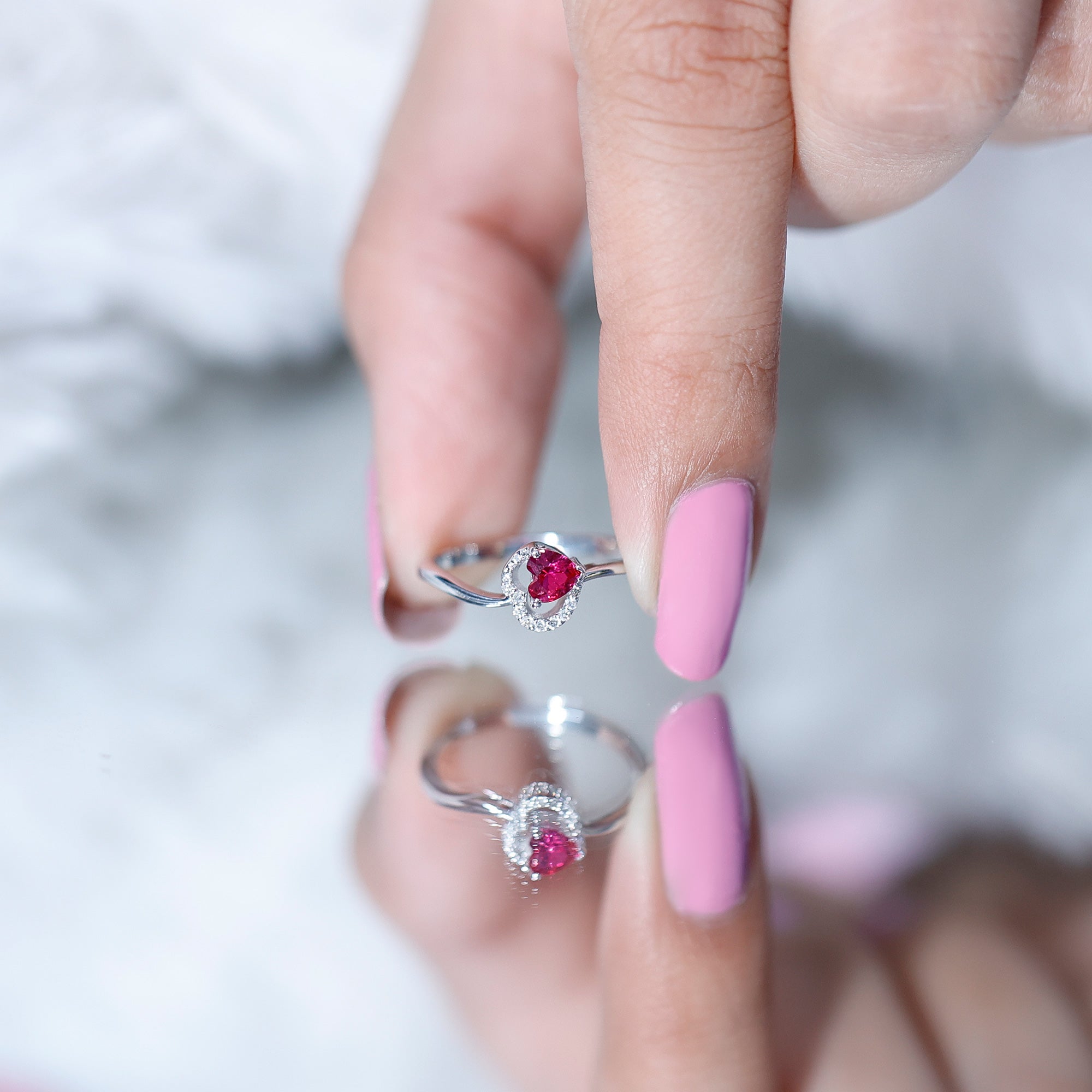 Heart Shape Lab Grown Ruby and Diamond Twisted Promise Ring AAAA - Rosec Jewels