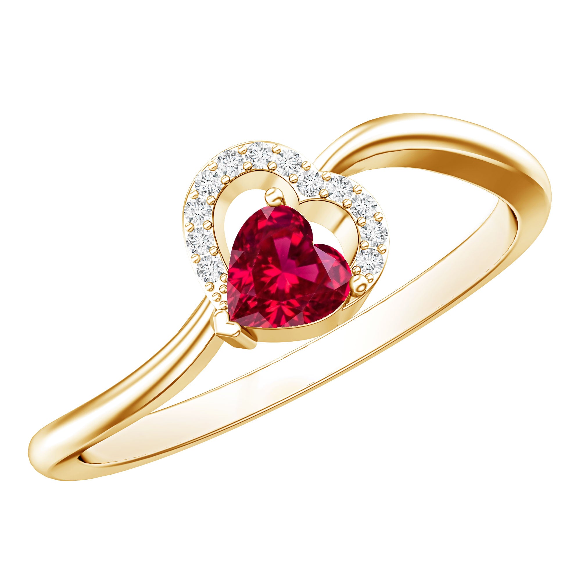 Heart Shape Lab Grown Ruby and Diamond Twisted Promise Ring AAAA - Rosec Jewels