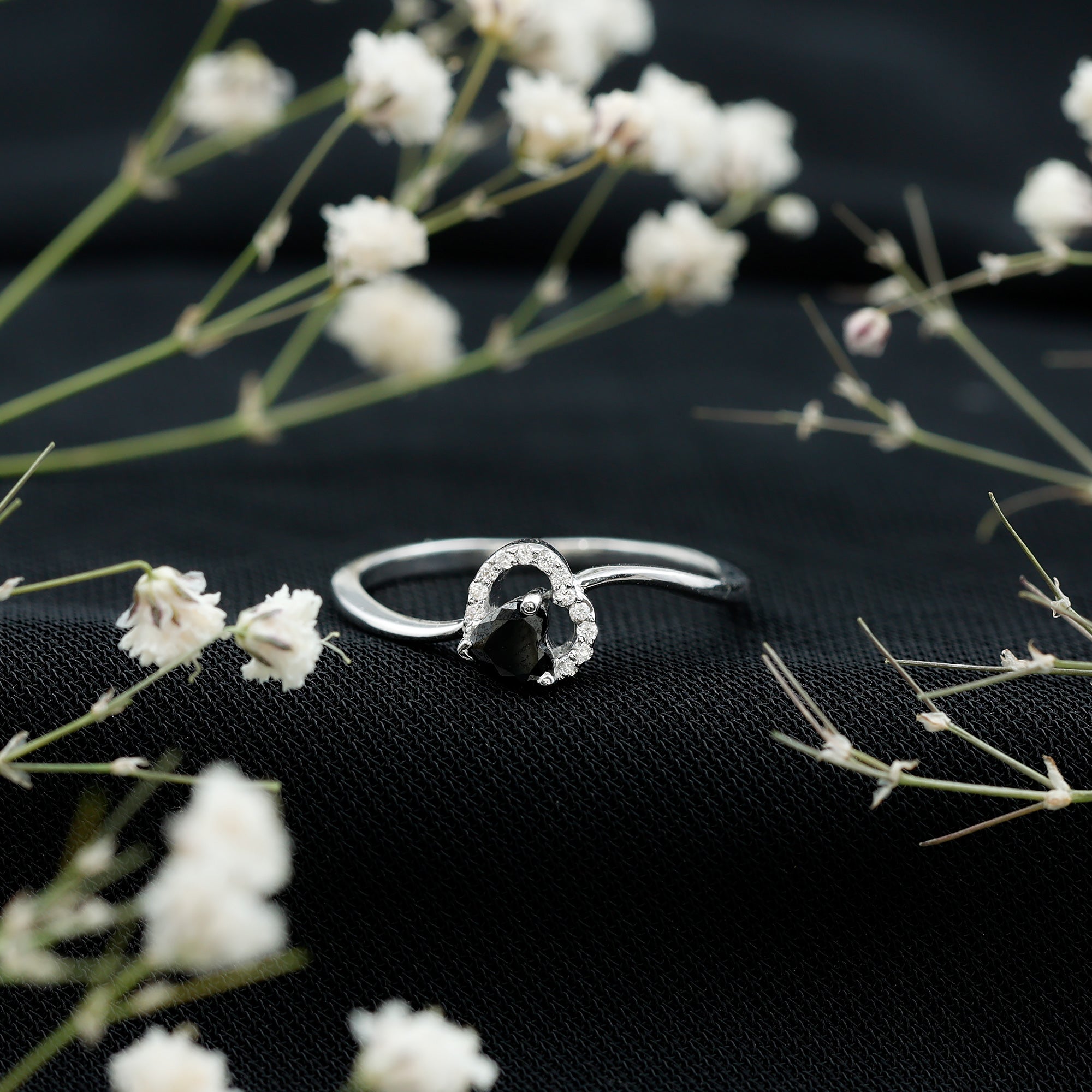 Genuine Black Onyx and Diamond Heart Promise Ring AAA - Rosec Jewels