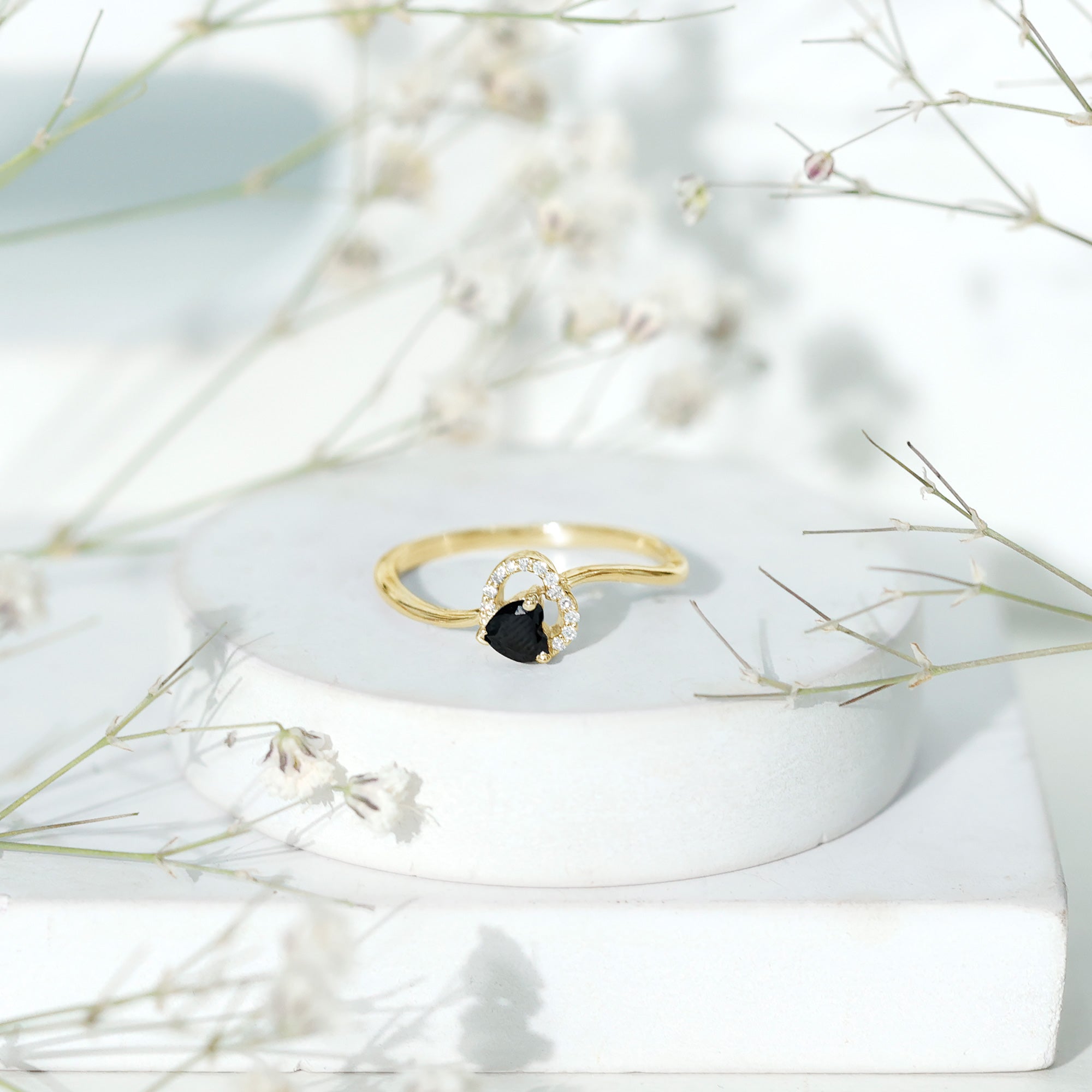 Genuine Black Onyx and Diamond Heart Promise Ring AAA - Rosec Jewels