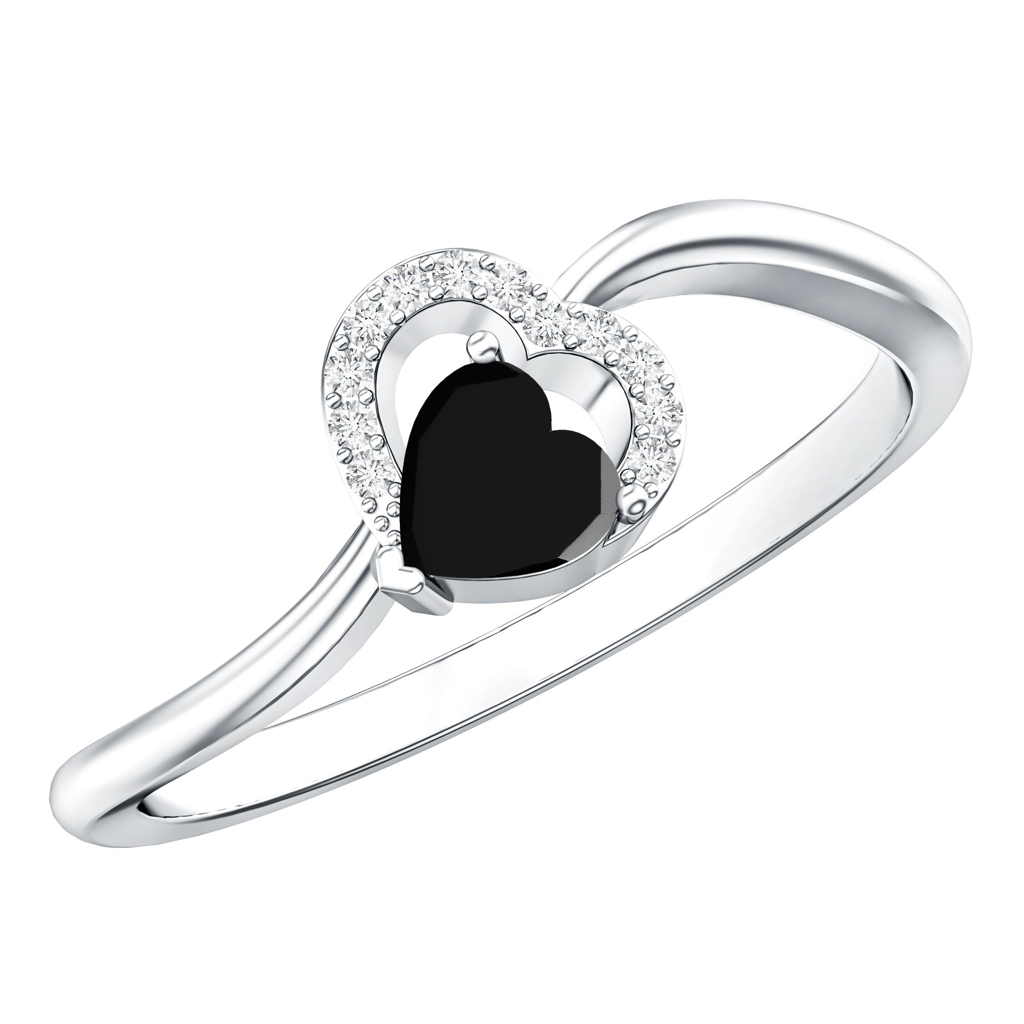 Natural Black Spinel Heart Promise Ring with Diamond AAA - Rosec Jewels