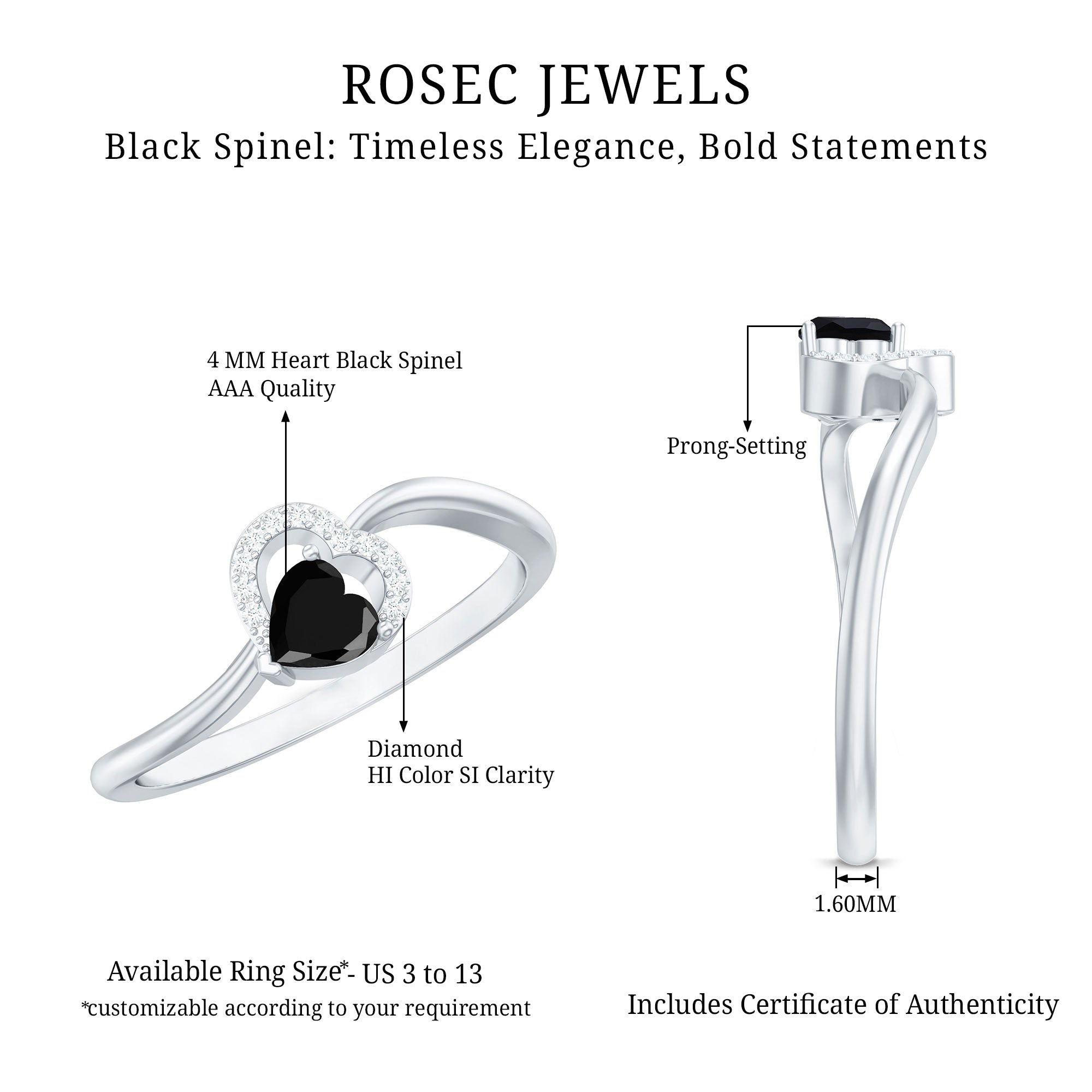 Natural Black Spinel Heart Promise Ring with Diamond AAA - Rosec Jewels