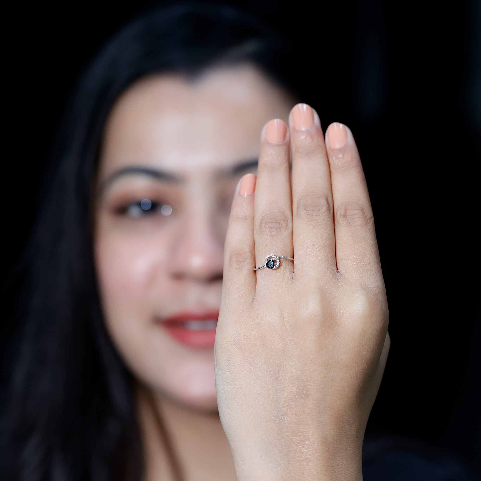 Natural Black Spinel Heart Promise Ring with Diamond AAA - Rosec Jewels