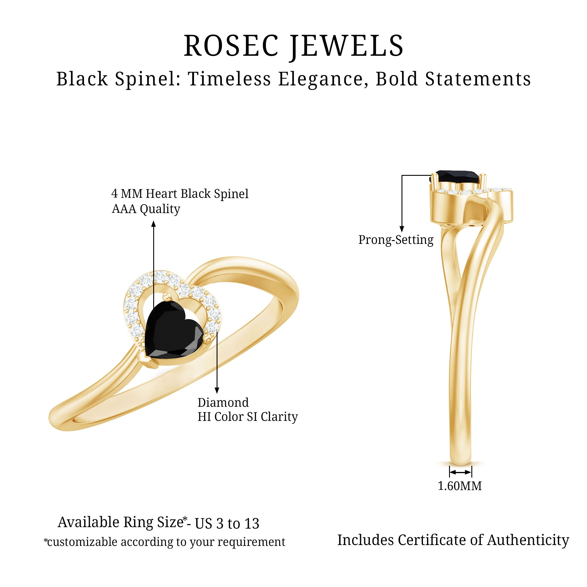 Natural Black Spinel Heart Promise Ring with Diamond AAA - Rosec Jewels