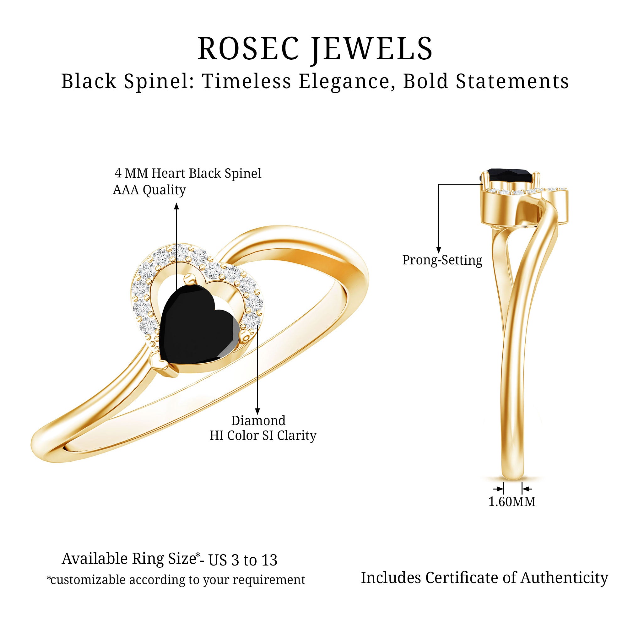 Natural Black Spinel Heart Promise Ring with Diamond AAA - Rosec Jewels