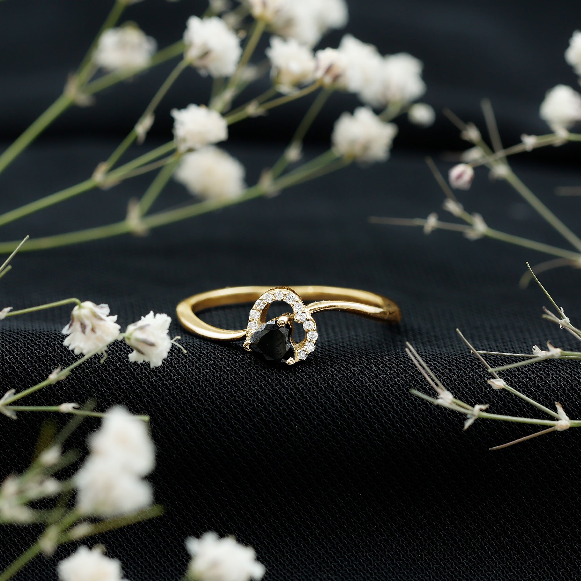 Natural Black Spinel Heart Promise Ring with Diamond AAA - Rosec Jewels