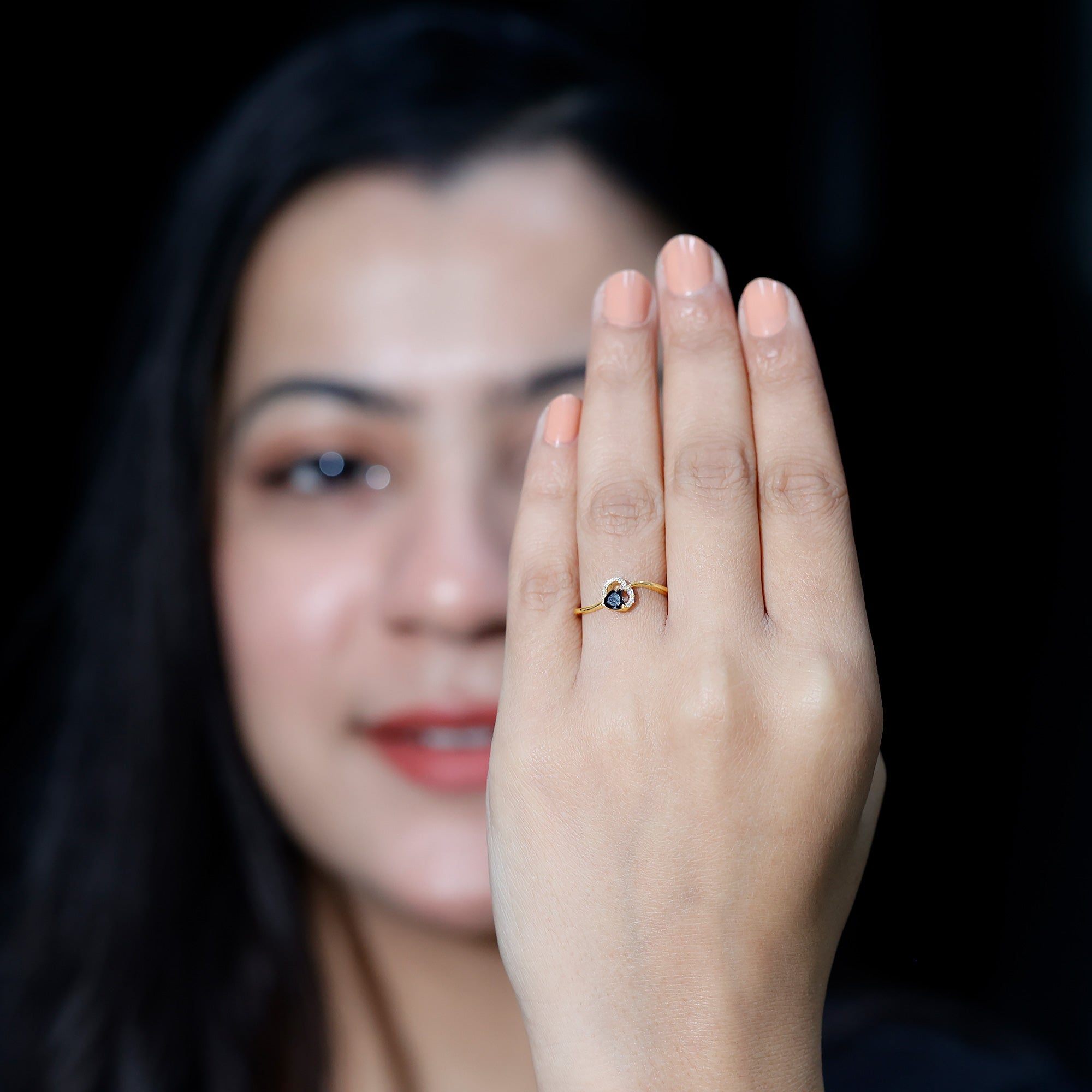 Natural Black Spinel Heart Promise Ring with Diamond AAA - Rosec Jewels