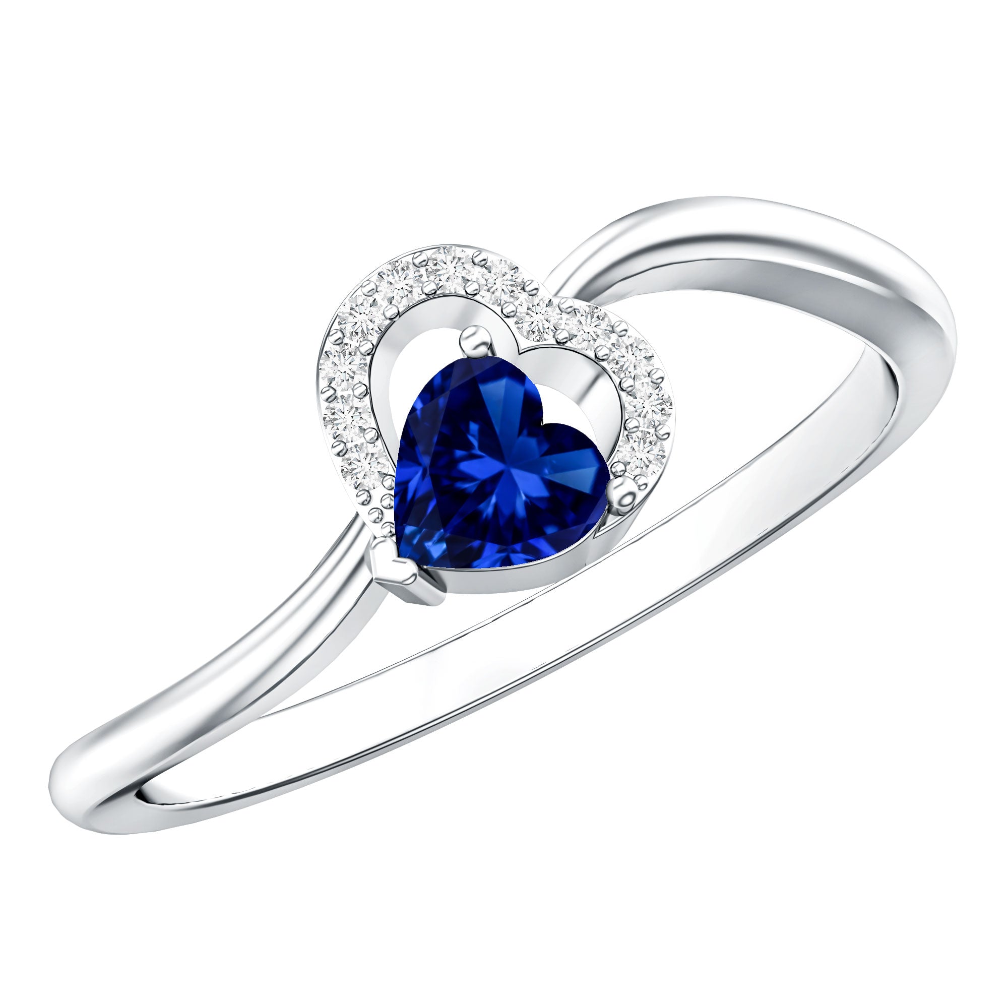 Certified Lab Grown Blue Sapphire Heart Promise Ring with Diamond AAAA - Rosec Jewels
