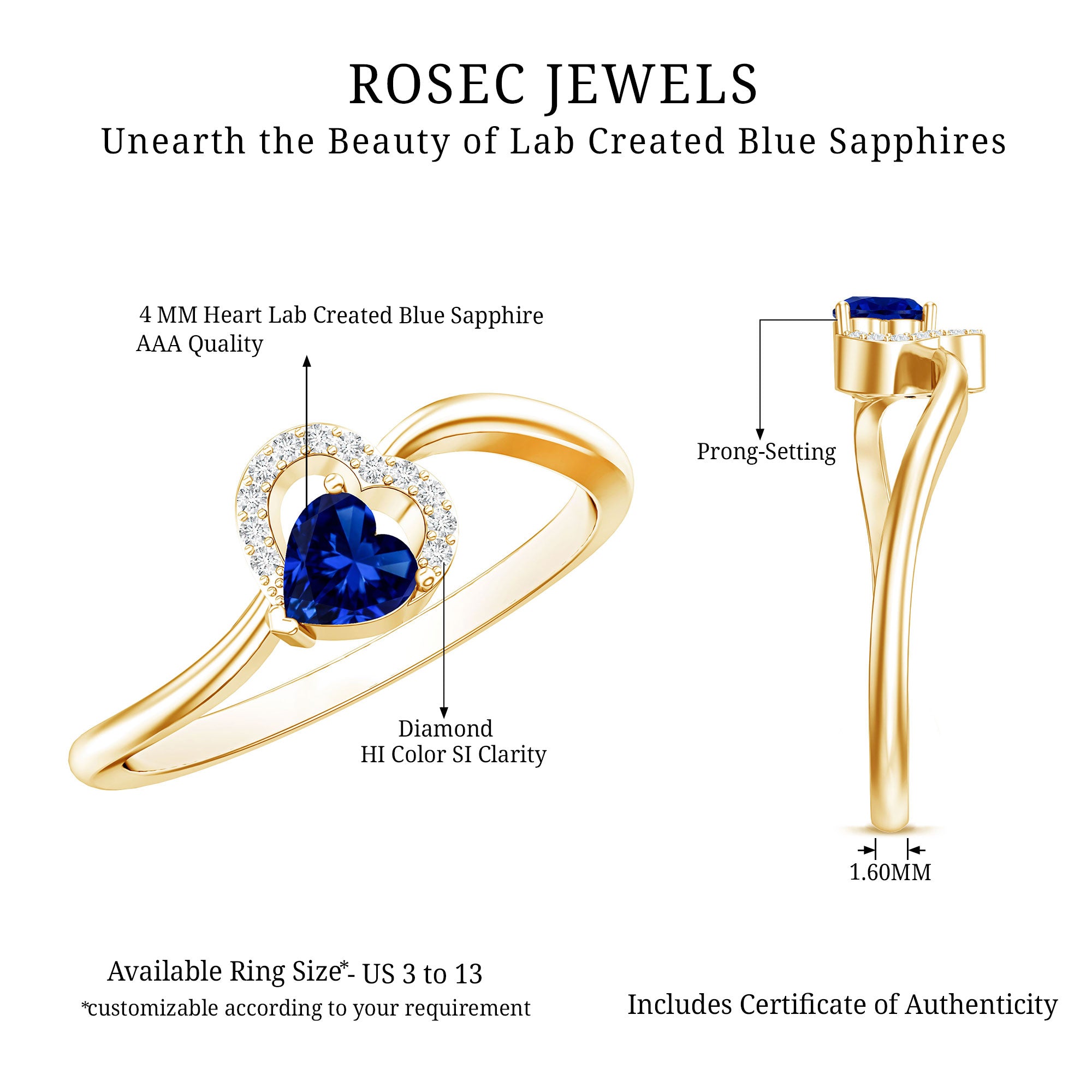Certified Lab Grown Blue Sapphire Heart Promise Ring with Diamond AAAA - Rosec Jewels