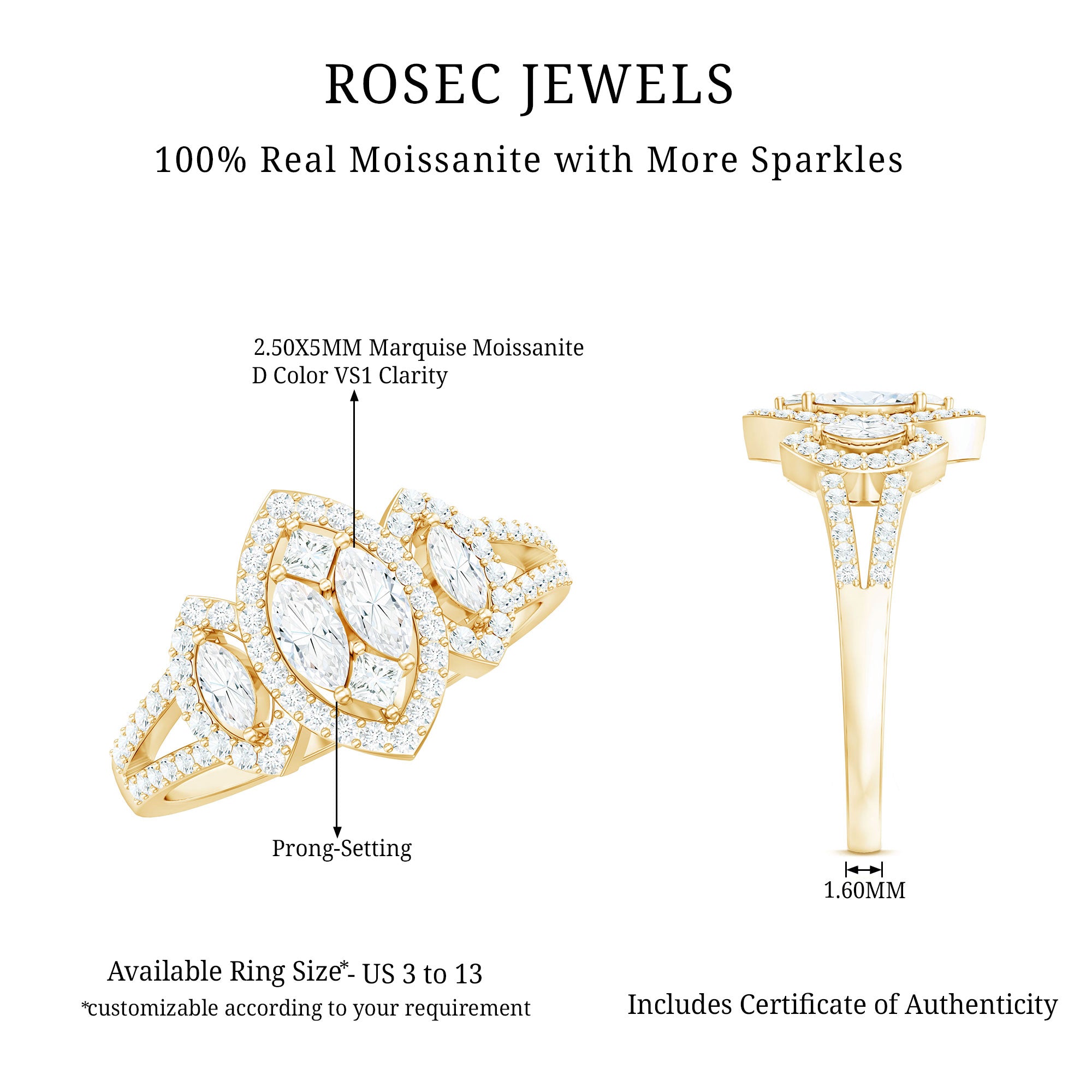 Certified Moissanite Unique Engagement Ring in Split Shank D-VS1 - Rosec Jewels