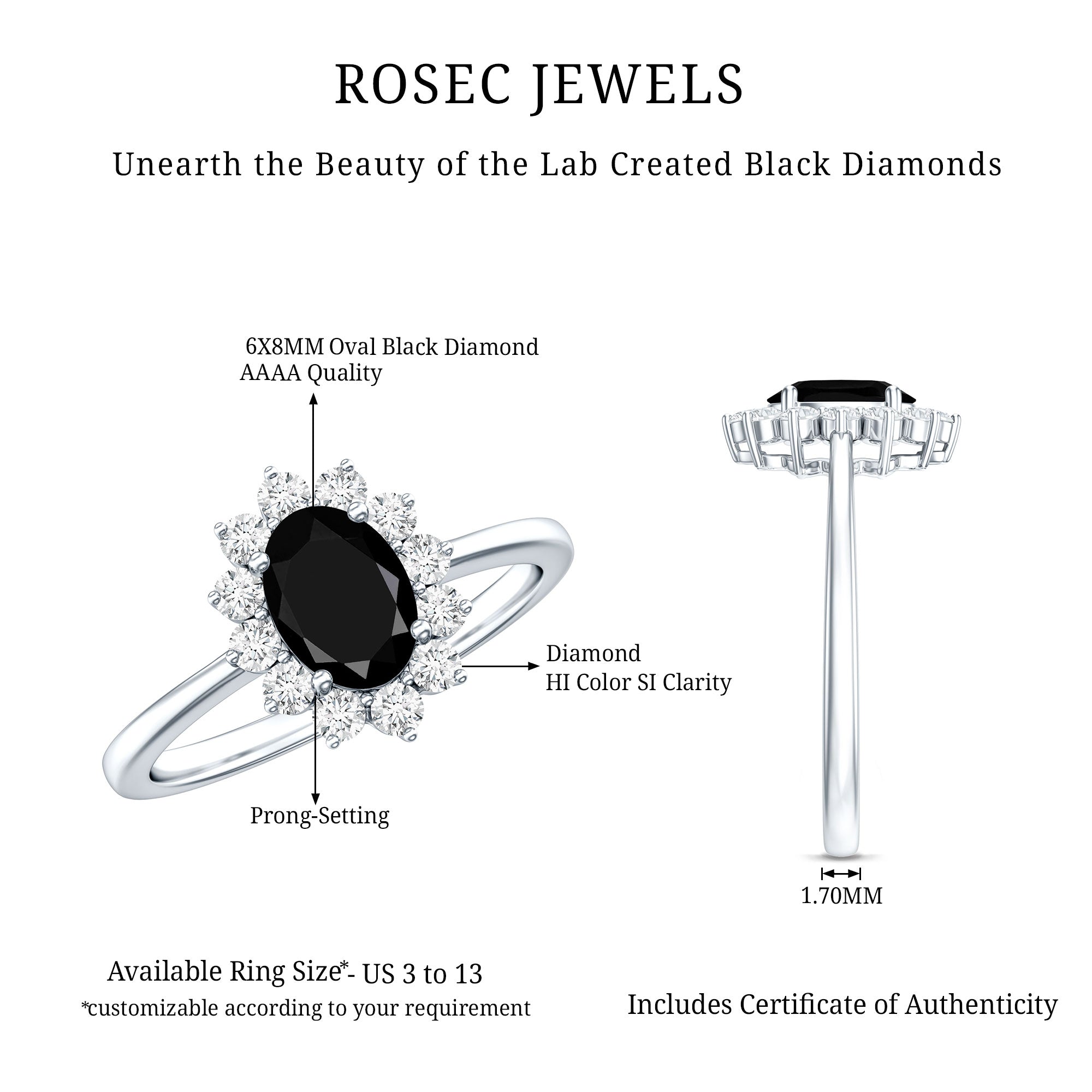 1.9 Carat Lab Grown Black Diamond Oval Engagement Ring with White Diamond Halo AAAA ( Synthetic ) - Rosec Jewels