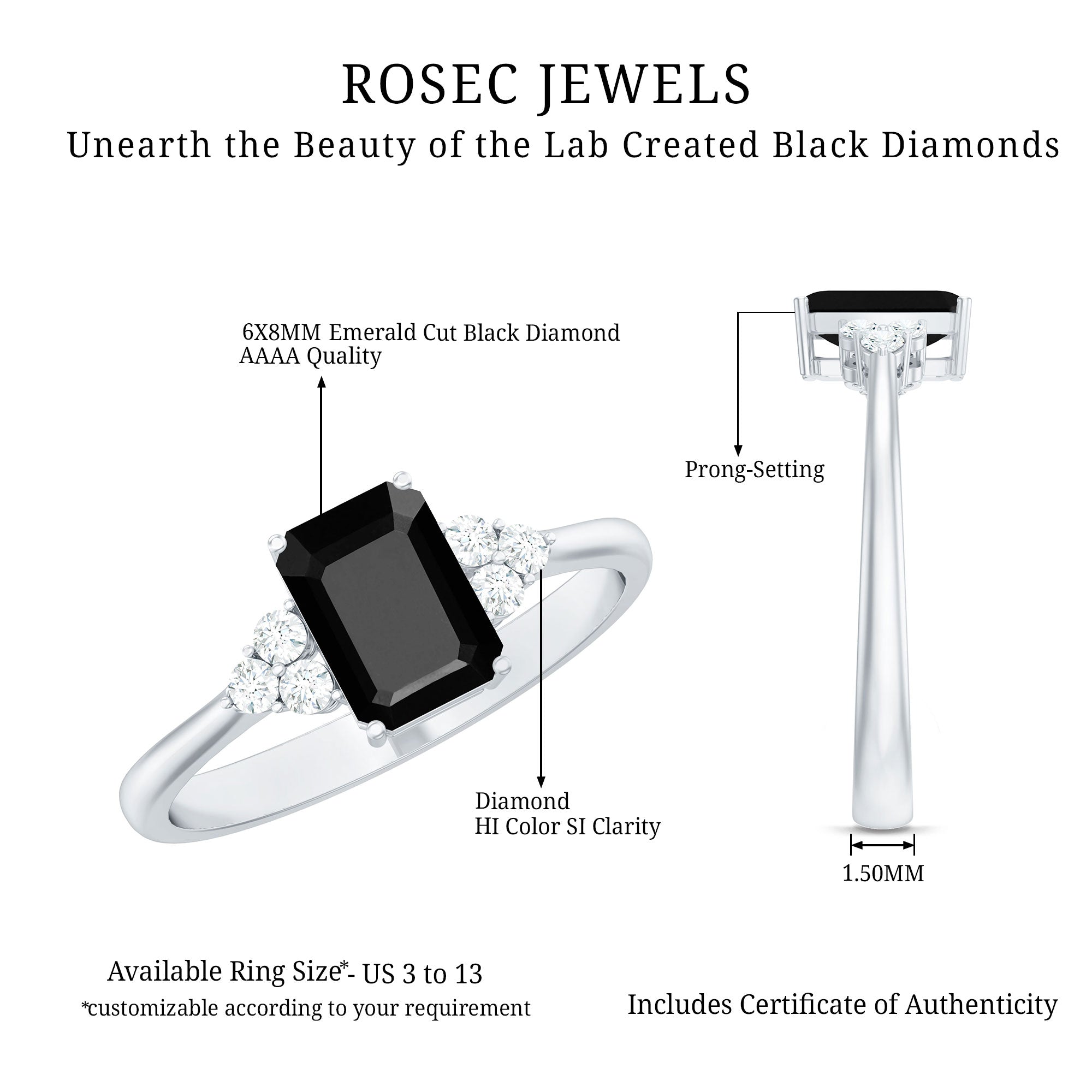 1.6 Carat Lab Grown Black Diamond Emerald Cut Engagement Ring with White Diamond AAAA ( Synthetic ) - Rosec Jewels