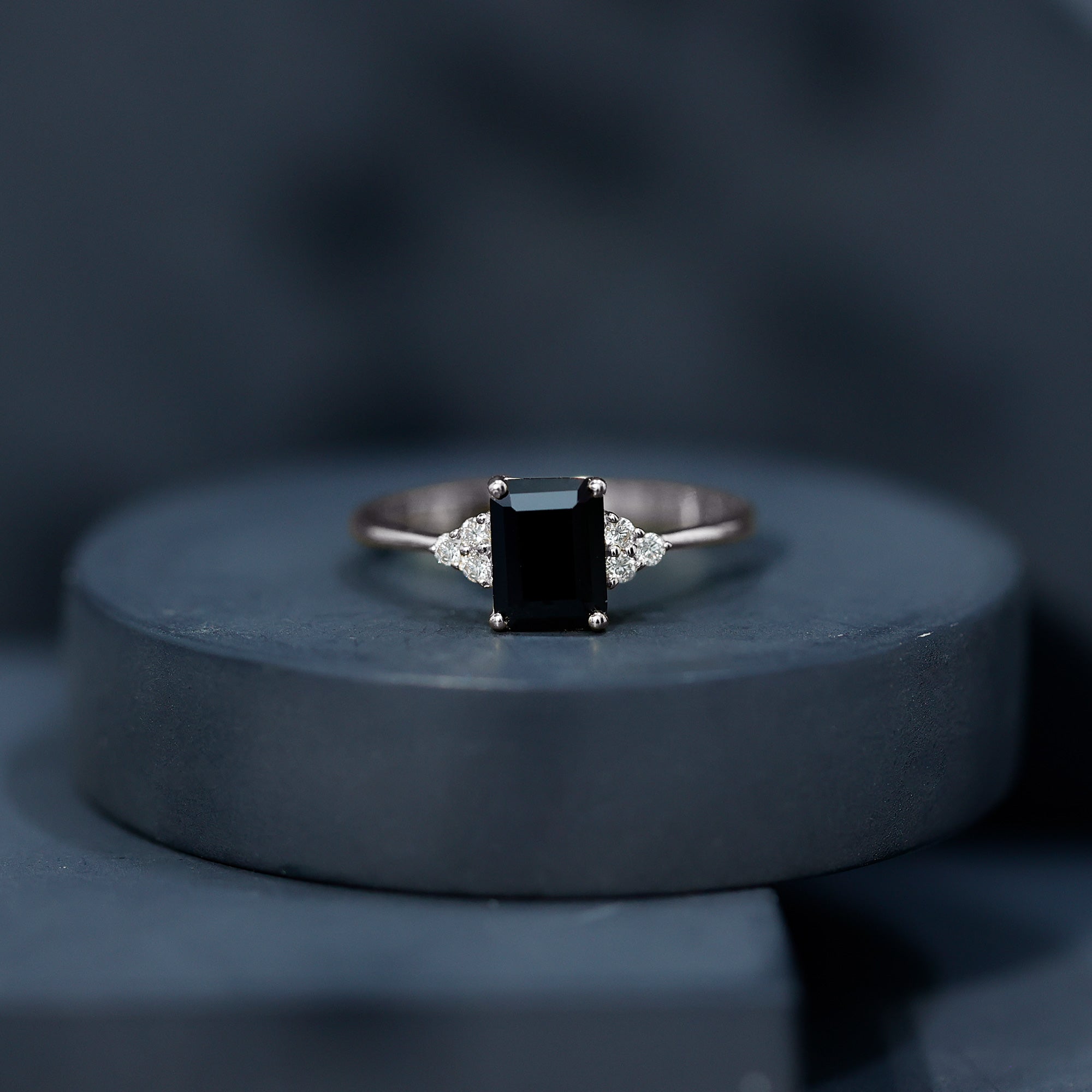 1.6 Carat Lab Grown Black Diamond Emerald Cut Engagement Ring with White Diamond AAAA ( Synthetic ) - Rosec Jewels